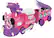 The image shows a pink Minnie Mouse train with Minnie Mouse stickers on the side. The train is designed for children and is likely a toy. The train has a purple engine and is decorated with Minnie Mouse stickers, making it a fun and playful toy for kids.