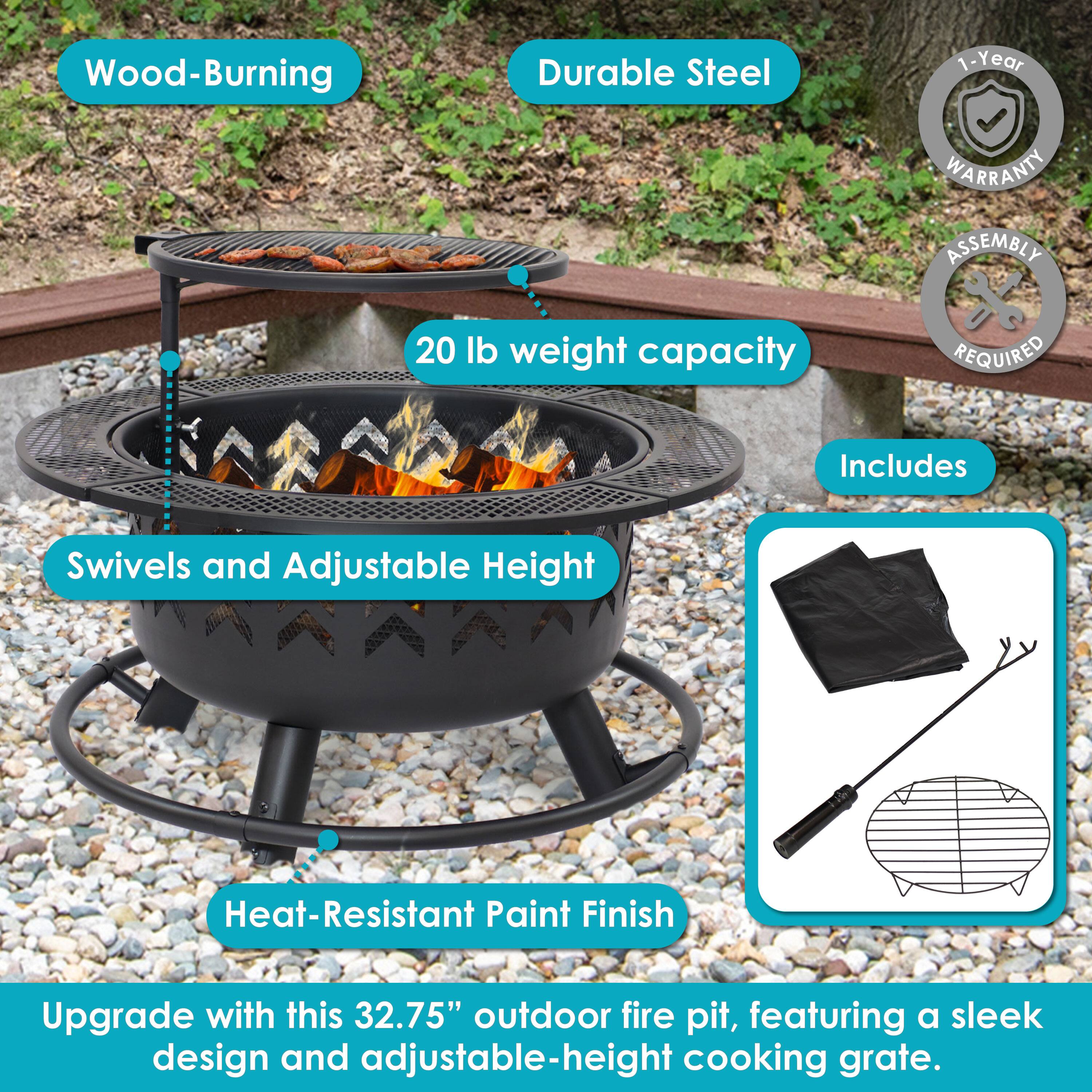 Wood-Burning  
Durable Steel  
1-Year Warranty  
20 lb weight capacity  
Swivels and Adjustable Height  
Heat-Resistant Paint Finish  
Includes  
Assembly Required  

Upgrade with this 32.75" outdoor fire pit, featuring a sleek design and adjustable-height cooking grate.