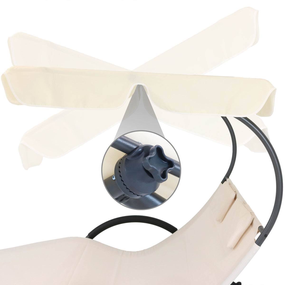 Left. SlickBlue - 2-Person Outdoor Patio Chaise Lounger with Canopy and Pillows – Garden, Deck, or Backyard Relaxation Bed - Off White.