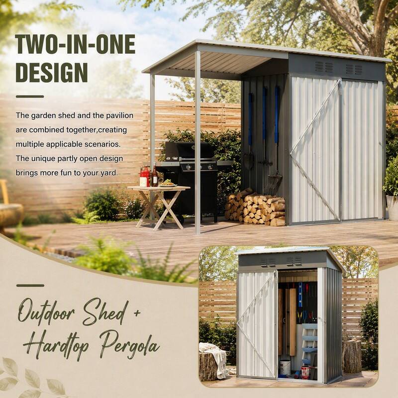 TWO-IN-ONE DESIGN

The garden shed and the pavilion are combined together, creating multiple applicable scenarios. The unique partly open design brings more fun to your yard.

Outdoor Shed + Hardtop Pergola