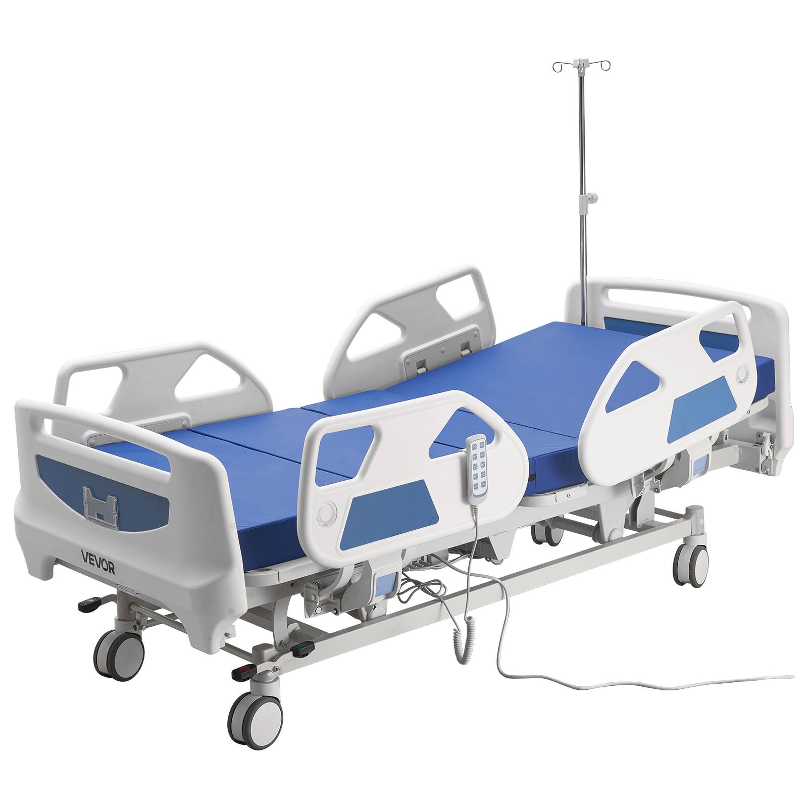 Alt View 5. VEVOR - Premium 5 Function Full Electric Hospital Bed, ICU Electric Medical Bed with Trendelenburg & Reverse Trendelenburg - White;Blue.