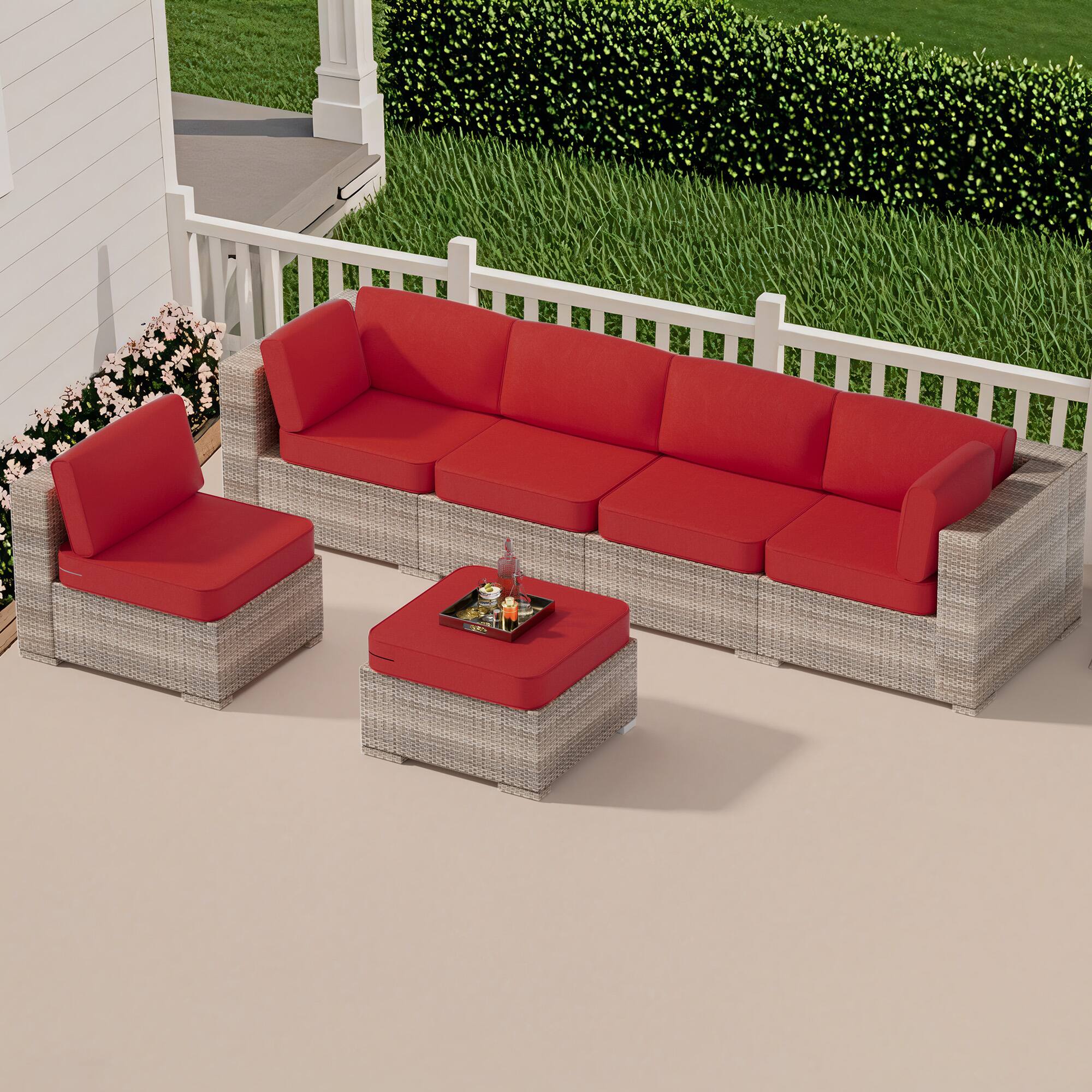 Left. RYHNUYNE - 14-Piece Outdoor Patio Sofa Cushions,Red Seat Cushion with Zipper, Water-Resistant Patio Furniture Cushion - Red.