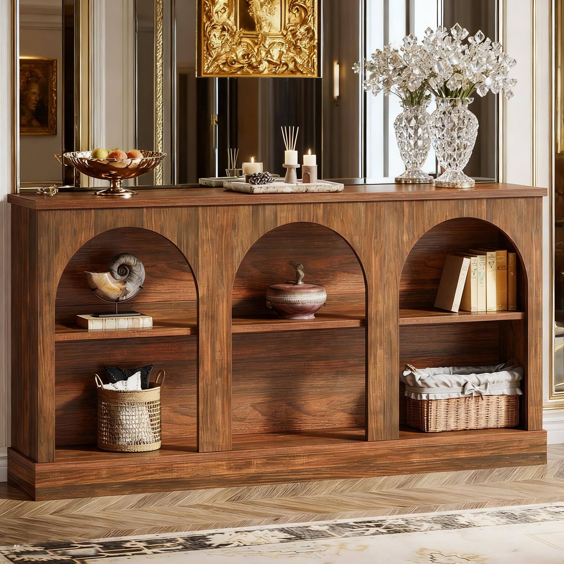 Back. Tribesigns - Wooden Narrow Entryway Table with 3-Tier Storage Shelf, 63" Long Modern Farmhouse Sofa Console Table for Hallway, Living - Saddle Brown.