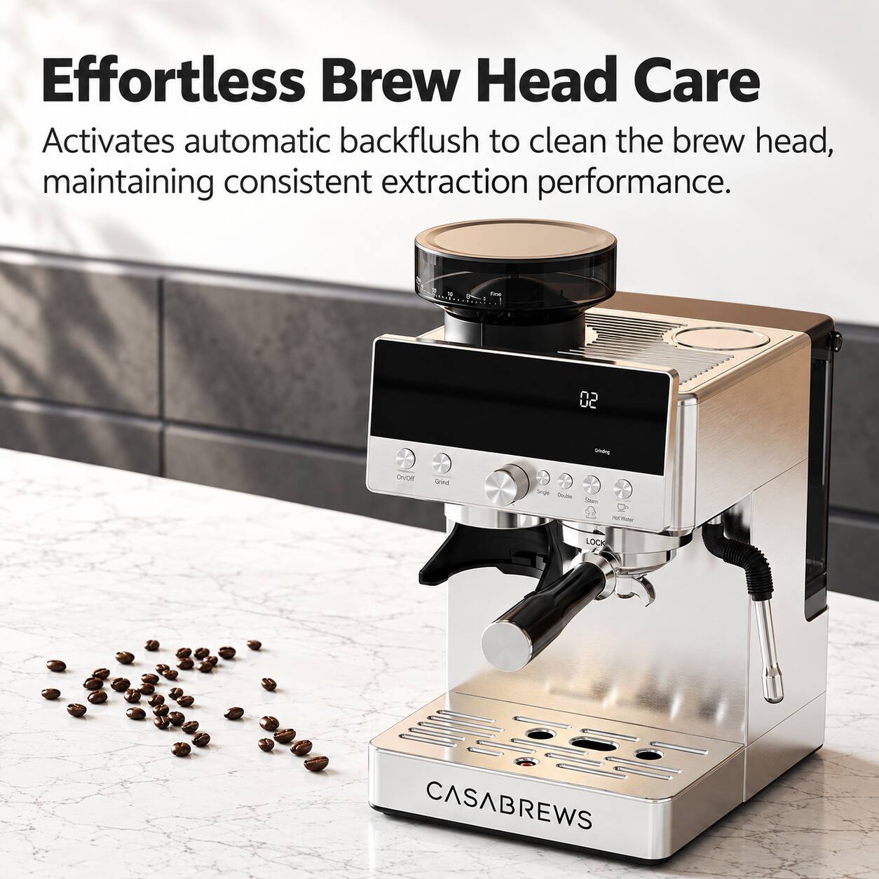 Effortless Brew Head Care  
Activates automatic backflush to clean the brew head, maintaining consistent extraction performance.  

See  
02  
Grinding  
Coarse/Fine  
Grind  
Single Double  
RedDitates  
LOCK  
CASABREWS