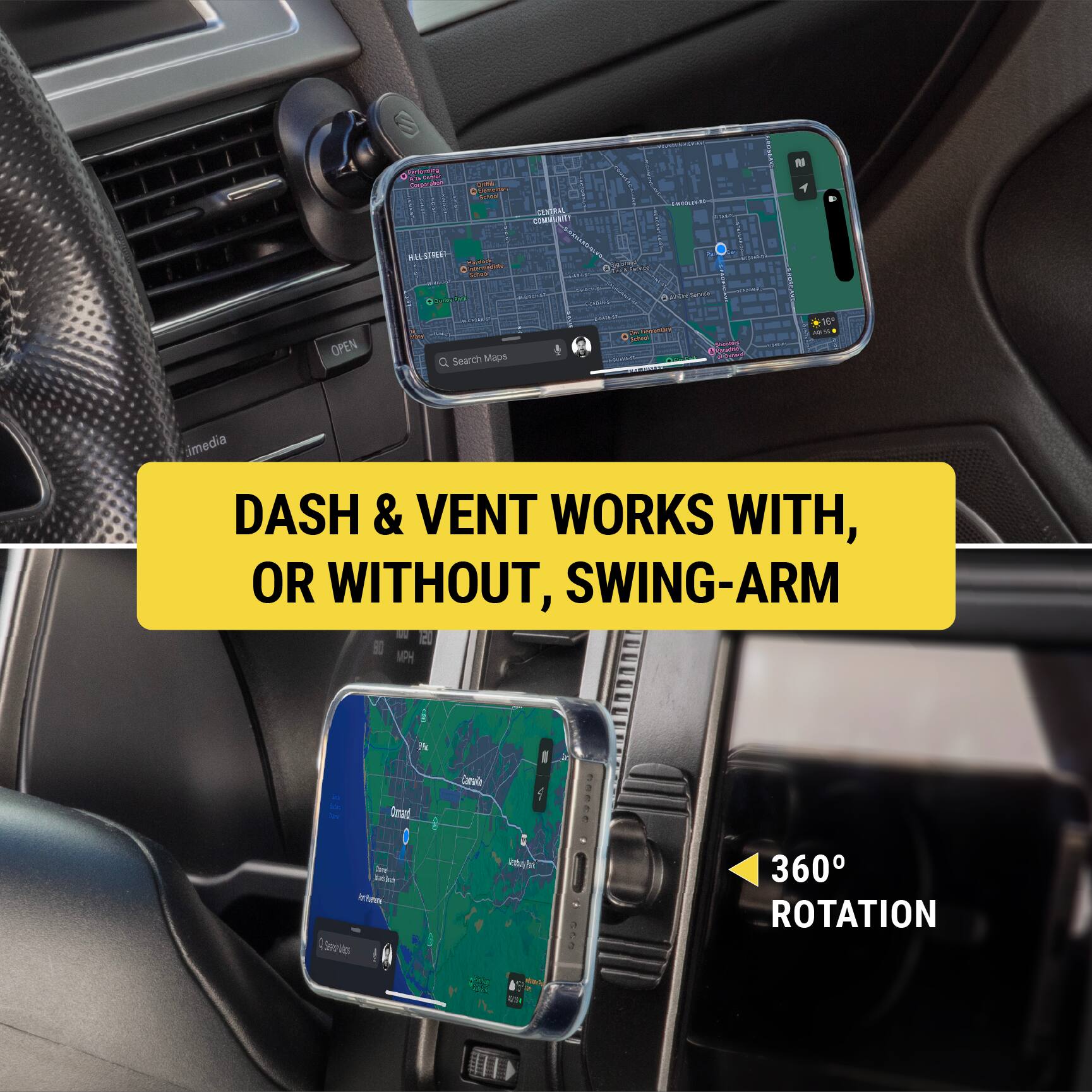 The text on the image reads: "DASH & VENT WORKS WITH, OR WITHOUT, SWING-ARM. 360° ROTATION."