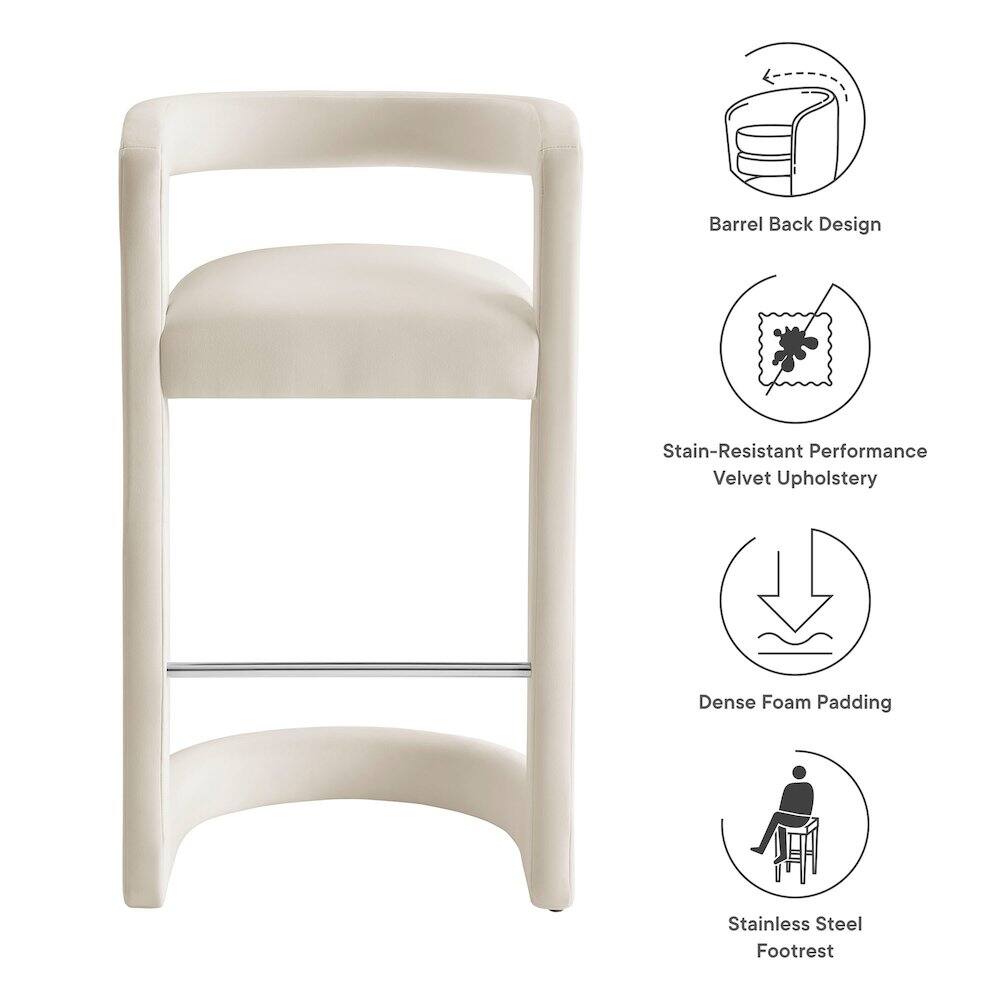 - Barrel Back Design
- Stain-Resistant Performance Velvet Upholstery
- Dense Foam Padding
- Stainless Steel Footrest