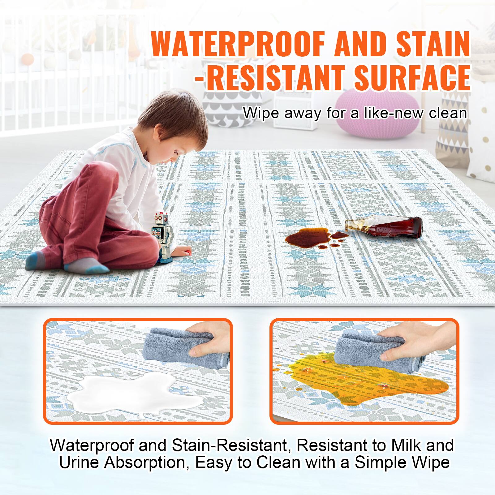 WATERPROOF AND STAIN -RESISTANT SURFACE Wipe away for a like-new clean

Waterproof and Stain-Resistant, Resistant to Milk and Urine Absorption, Easy to Clean with a Simple Wipe