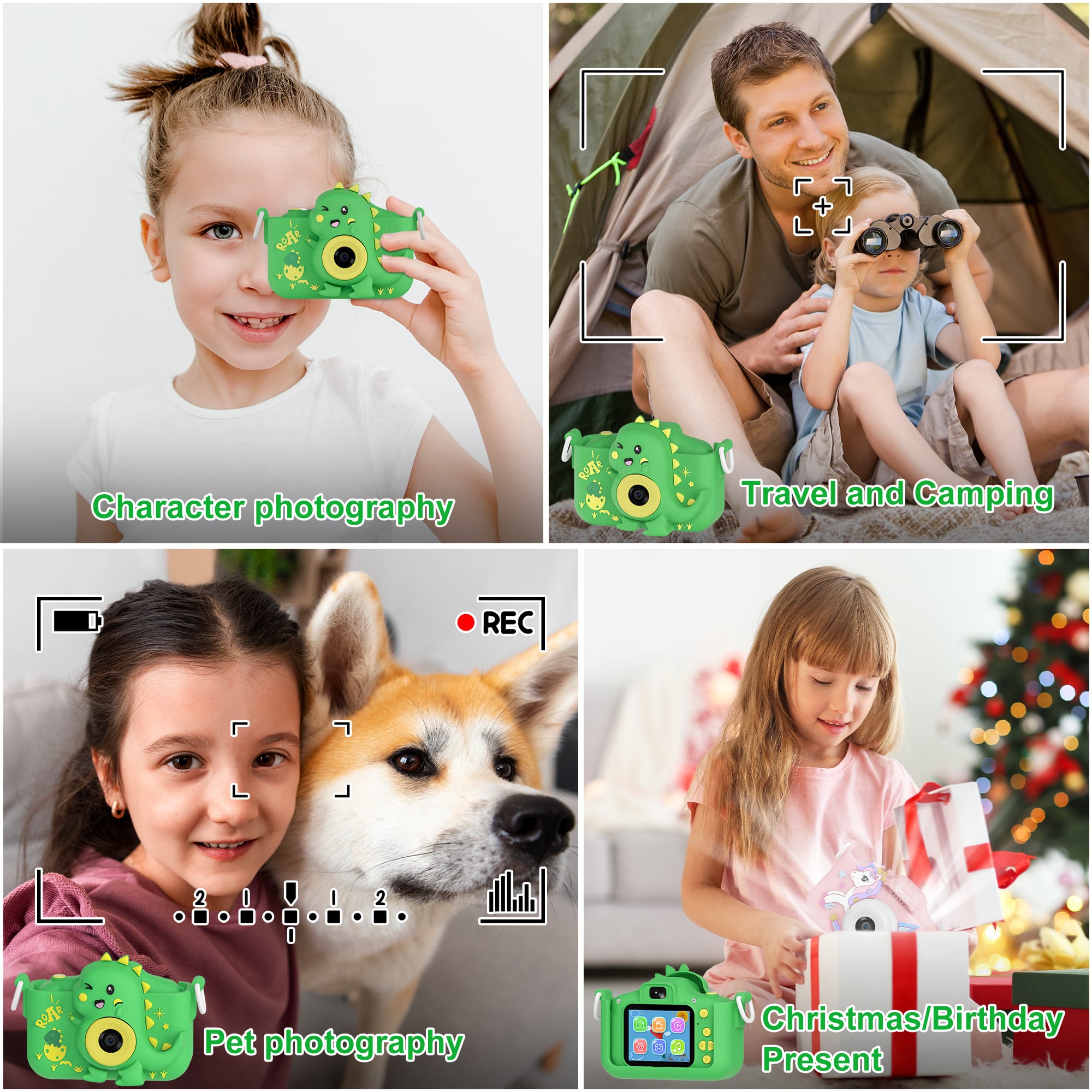 The text on the image can be grouped and corrected as follows:
1. Character photography: A young girl is holding a camera and taking a picture of her dog.
2. Travel and Camping: A family is sitting around a campfire, enjoying a camping trip.
3. Pet photography: A young girl is taking a picture of her dog.
4. Christmas/Birthday present: A young girl is holding a camera and taking a picture of her dog.
In the image, there are four different scenes depicted, each with a unique focus. The first scene is character photography, where a young girl is taking a picture of her dog. The second scene is travel and camping, showing a family enjoying a camping trip around a campfire. The third scene is pet photography, where a young girl is taking a picture of her dog. The fourth scene is Christmas/Birthday present, where a young girl is holding a camera and taking a picture of her dog.