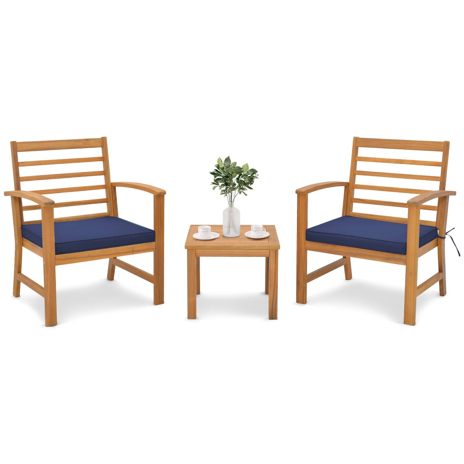 Alt View 7. Gymax - Gymax 3PCS Furniture Set Acacia Wood Conversation Set w/ Soft Seat Cushions Outdoor - Natural, Navy.