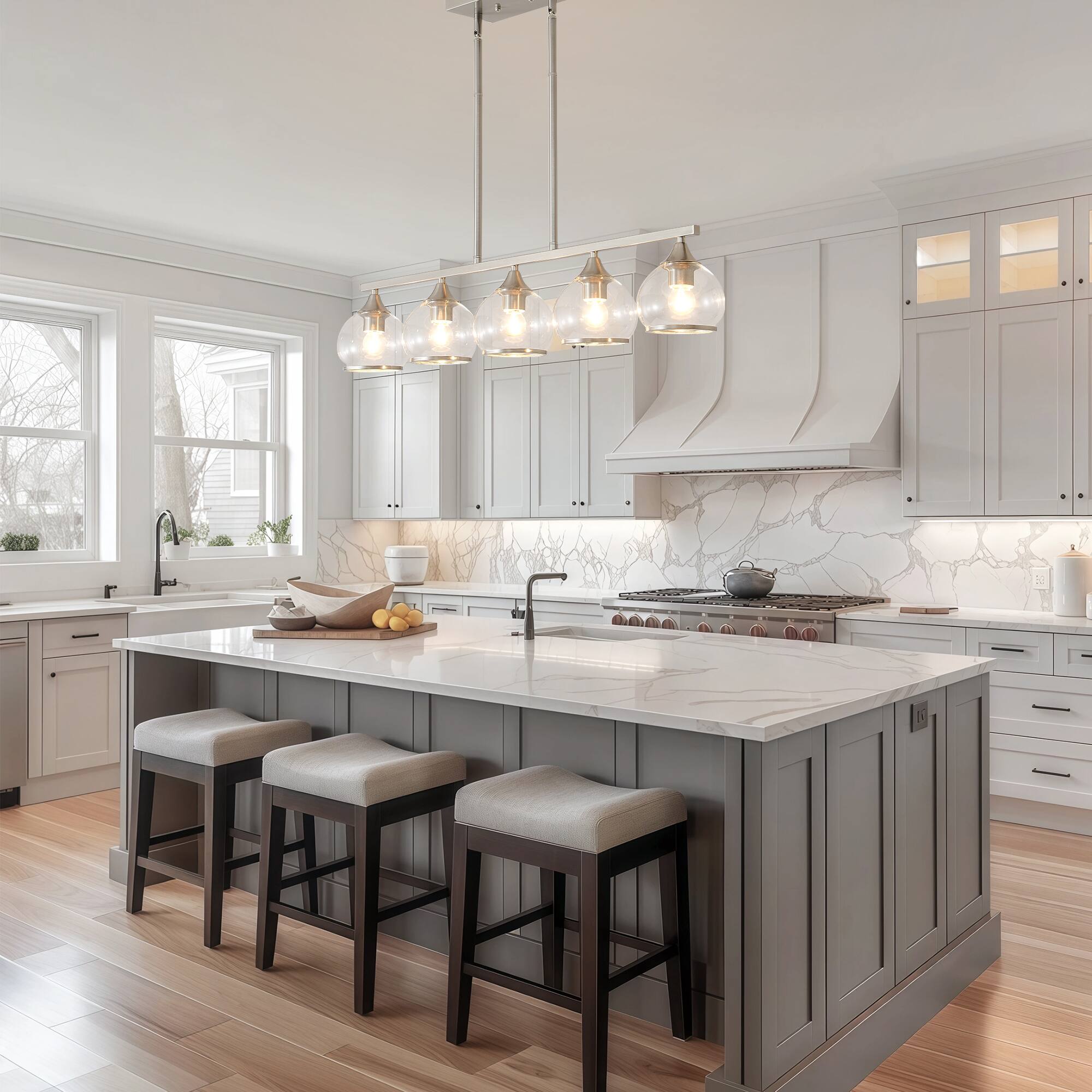 Back. RYHNUYNE - 5-Light Island Light for Kitchen,Brushed Nickel Dining Room Light Fixture,Modern Linear Chandelier Over Table for Dining - Brushed Nickel.