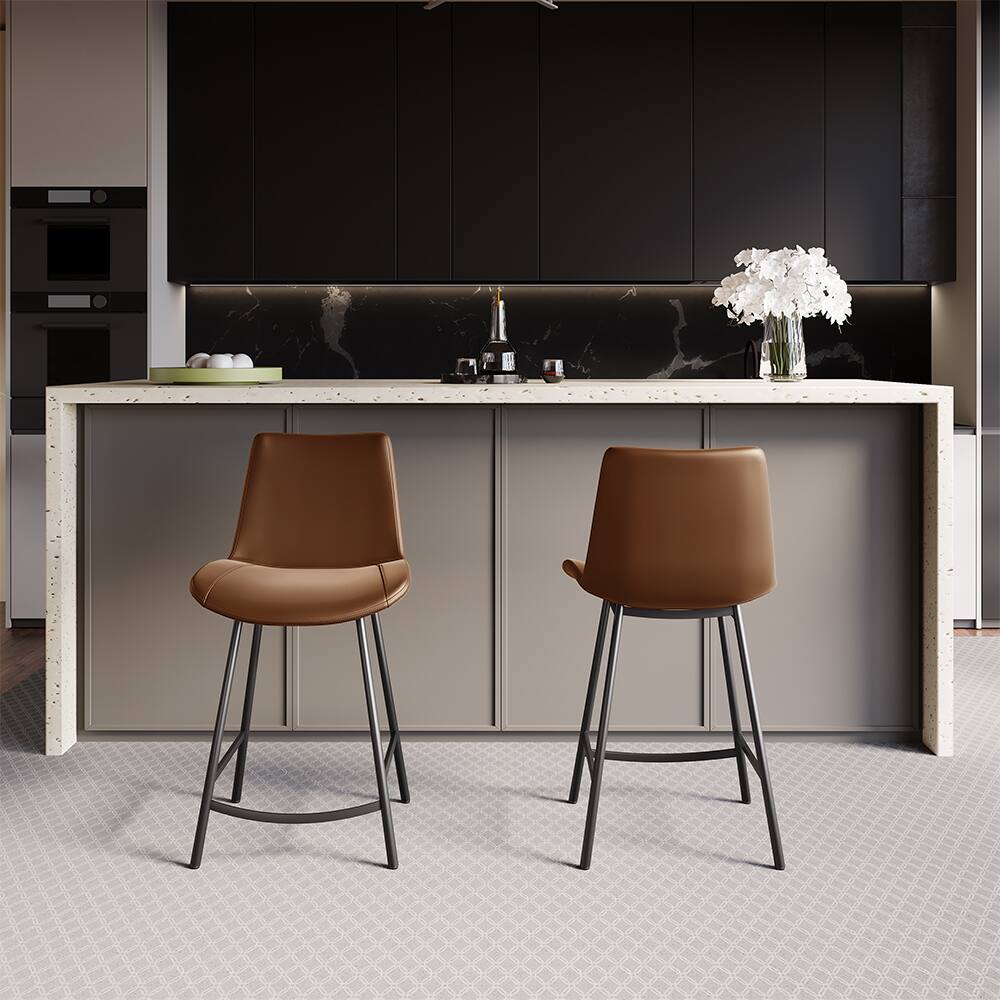 Left. POVISON - 24" Brown Counter Height Bar Stools Set of 2, Height PU Leather Bar Stools with Back and Metal Legs for Kitchen Island - Brown PU Leather.
