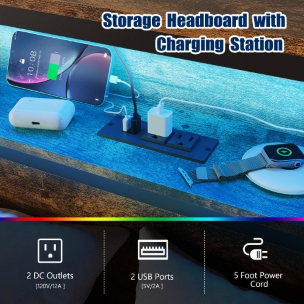 Storage Headboard with Charging Station

- 2 DC Outlets (120V/12A)
- 2 USB Ports (5V/2A)
- 5 Foot Power Cord