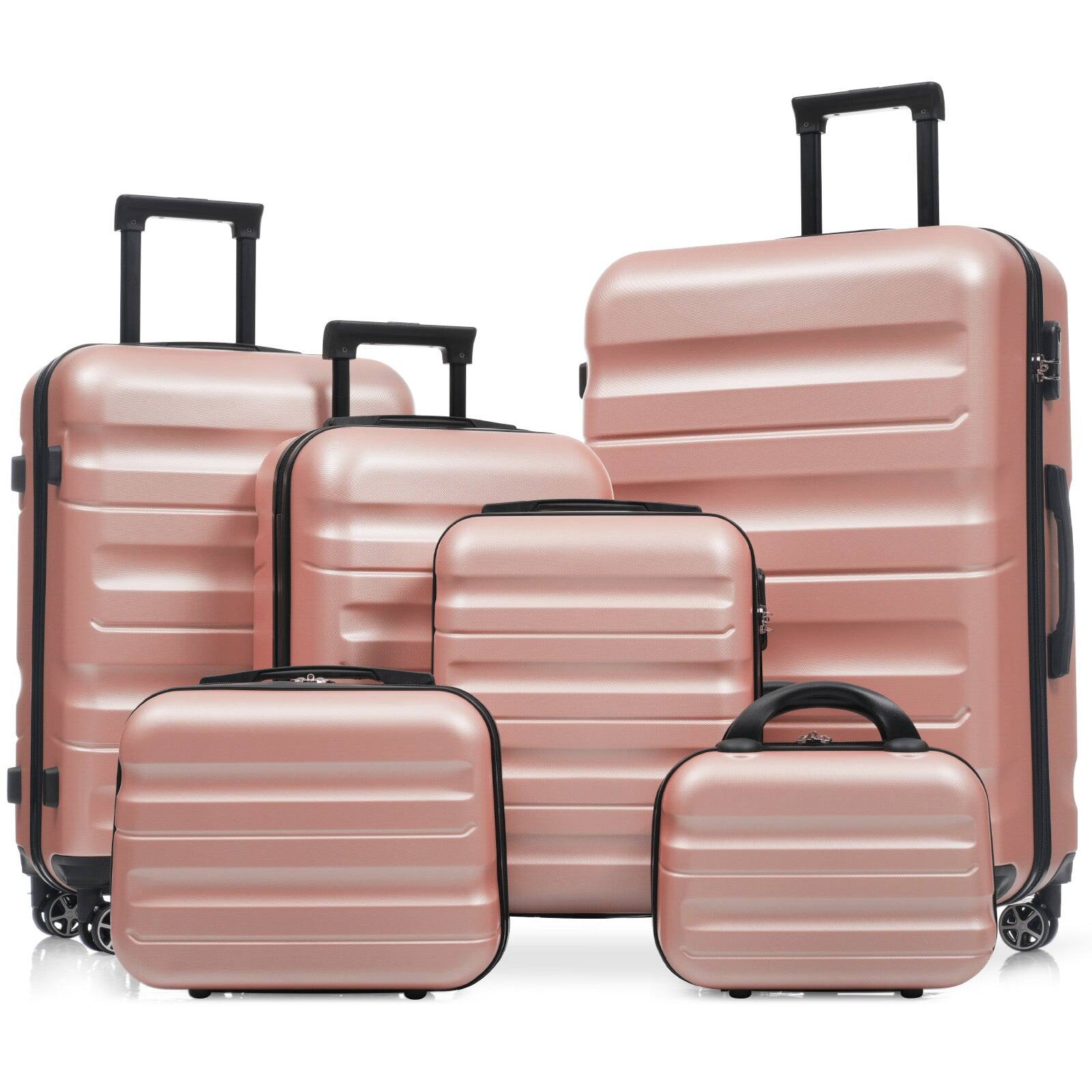 Angle. BreeBe - 6-Piece ABS Hardshell Luggage Set, Lightweight Durable Suitcases with Dual Spinner Wheels, Carry-On & Check-In Sizes - Rose Gold.