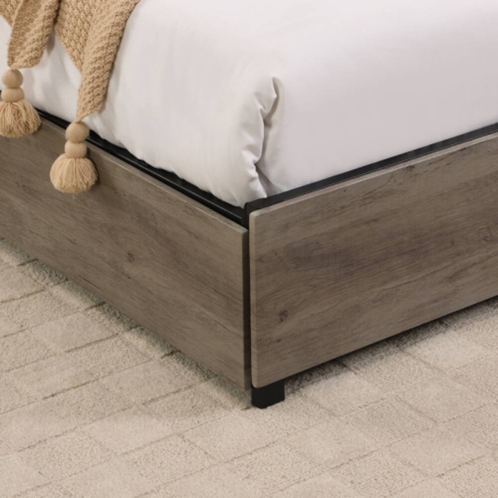 Left. LUCKY ONE - Full Size Bed Frame with Storage Headboard, USB Charging Station, RGB LED Lights, 4 Drawers, No Box Spring Needed - Antique Gray.