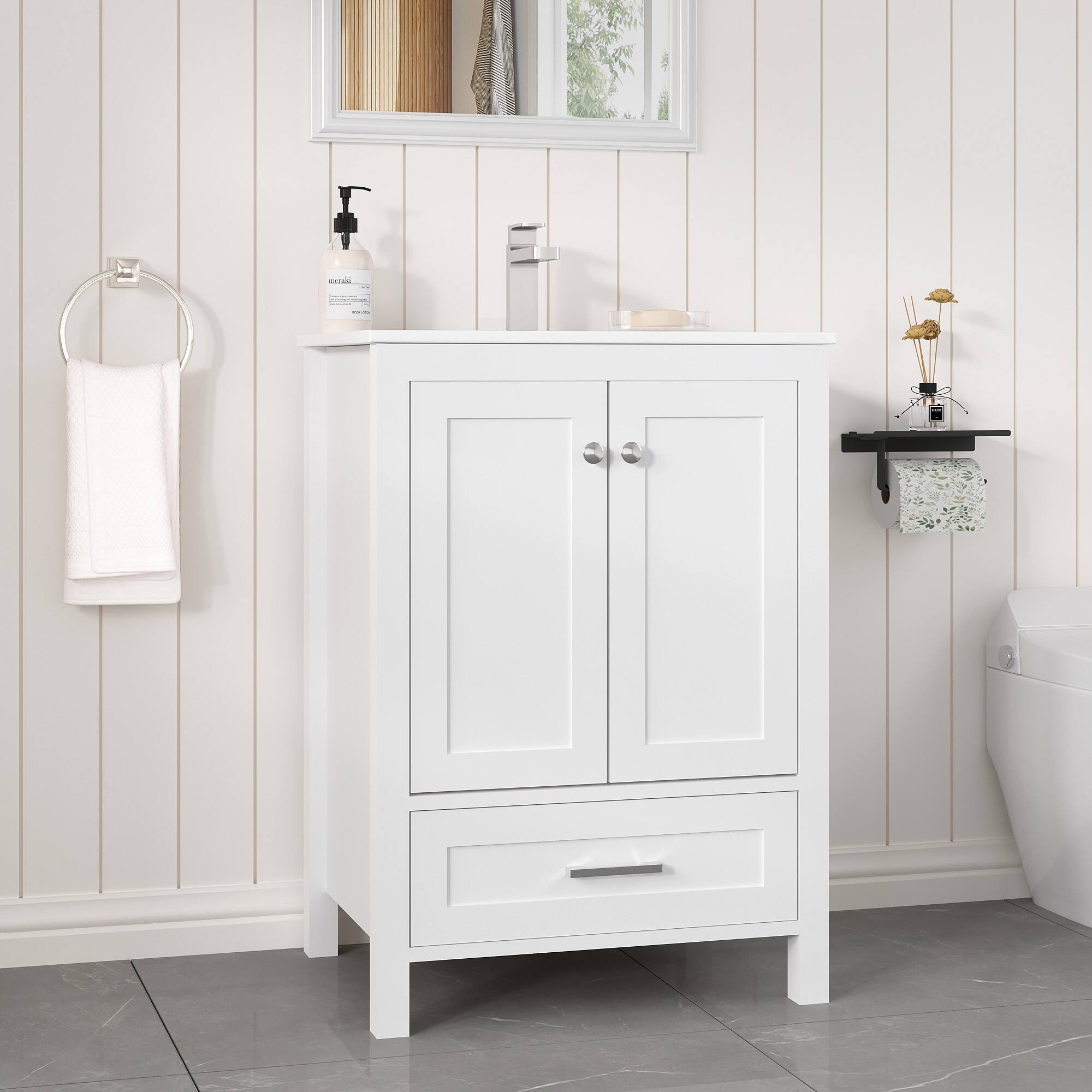 Alt View 6. U-HOMY - Modern Bathroom Vanity with Ceramic Sink, Soft-Close Storage Cabinet and Drawer, Glossy Countertop, White - 24"x18".