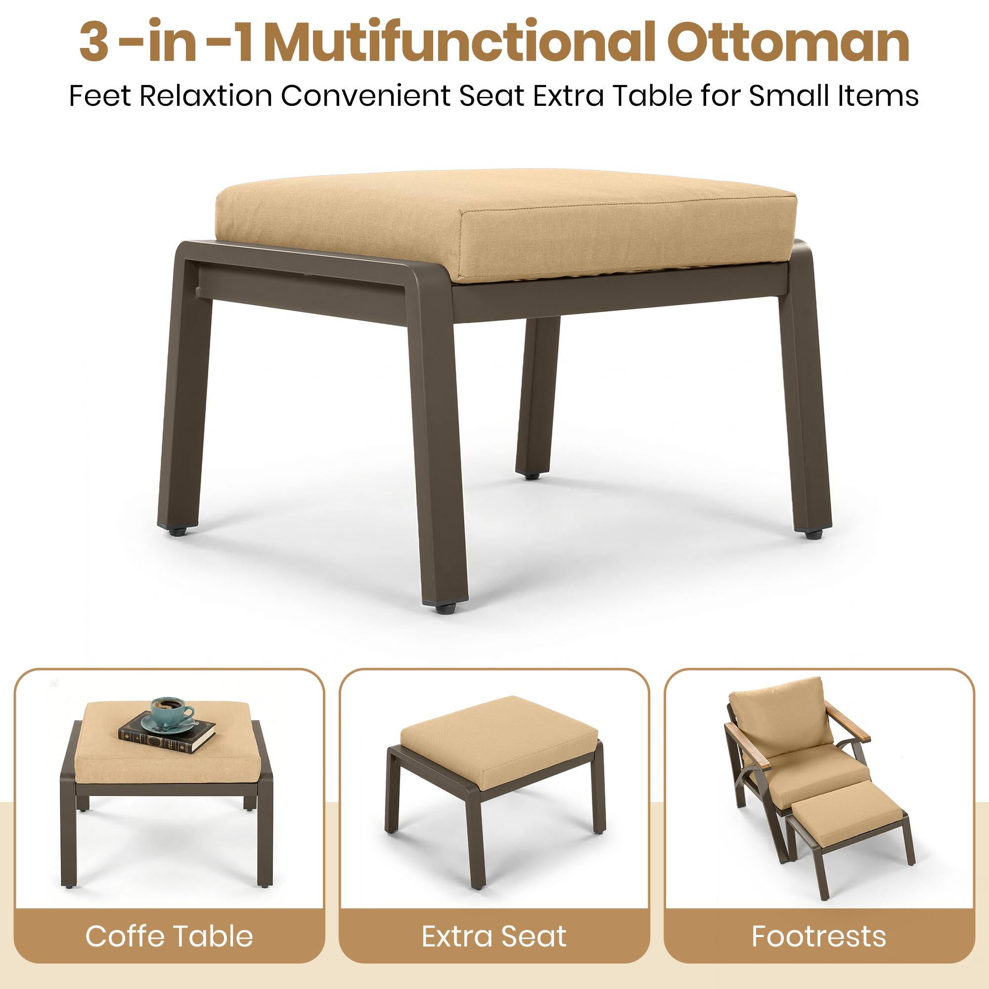 3-in-1 Multifunctional Ottoman  
Feet Relaxation Convenient Seat Extra Table for Small Items  
Coffee Table  
Extra Seat  
Footrests
