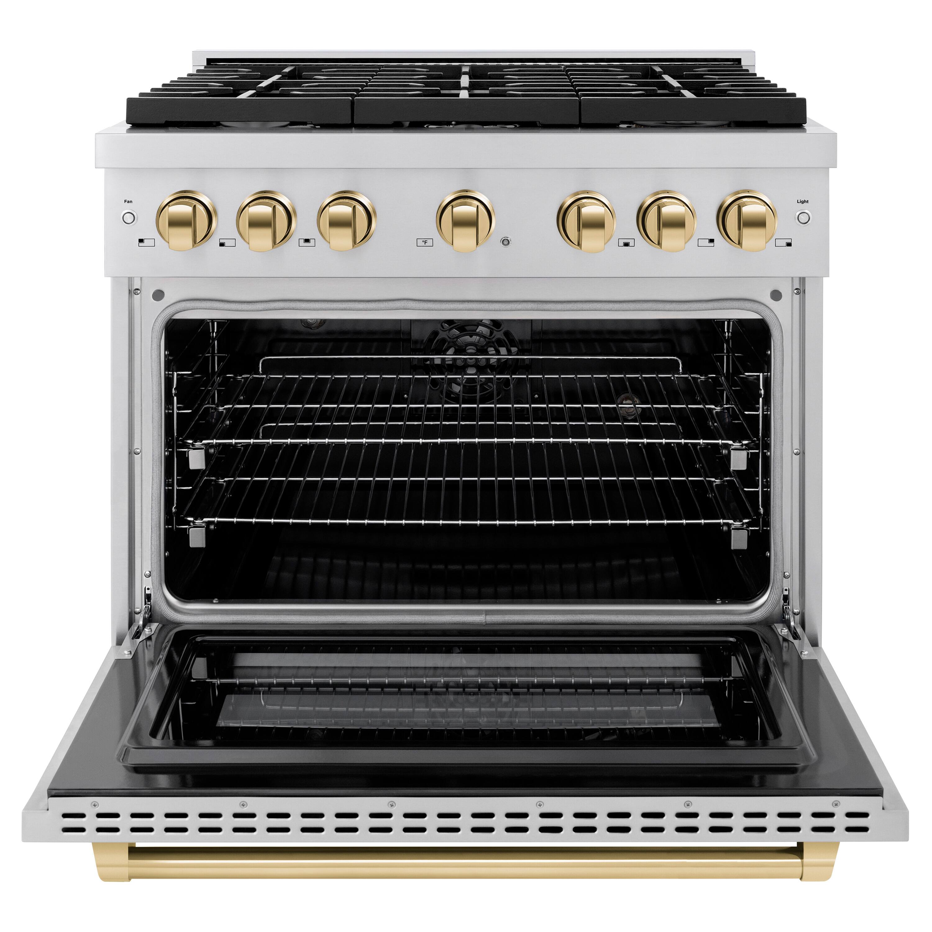 Angle. ZLINE - ZLINE Autograph 36" Paramount Dual Fuel Range w/ 6 Burners & Polished Gold Accents (SDRZ-36-G) - Stainless Steel.