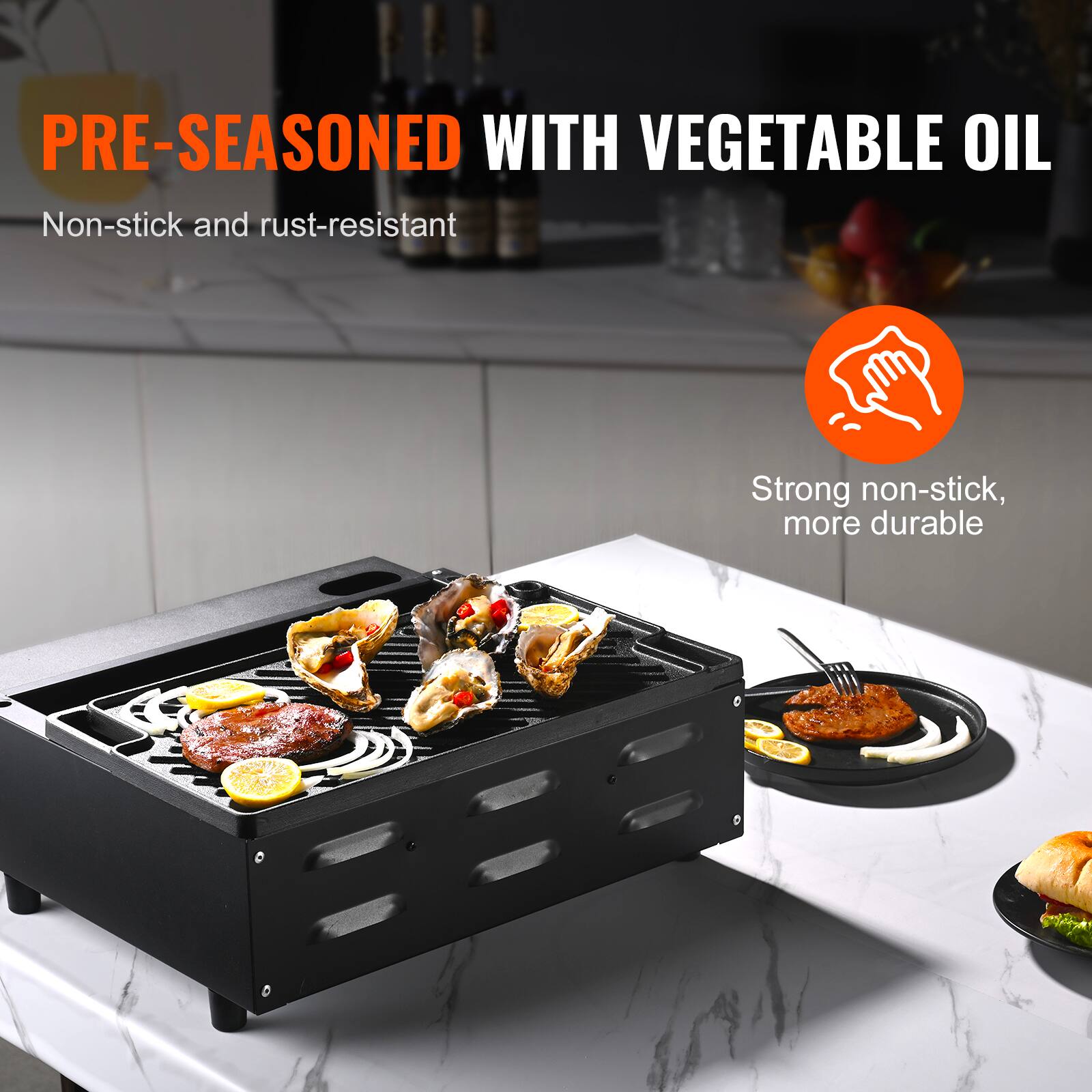 PRE-SEASONED WITH VEGETABLE OIL
Non-stick and rust-resistant
Strong non-stick, more durable
