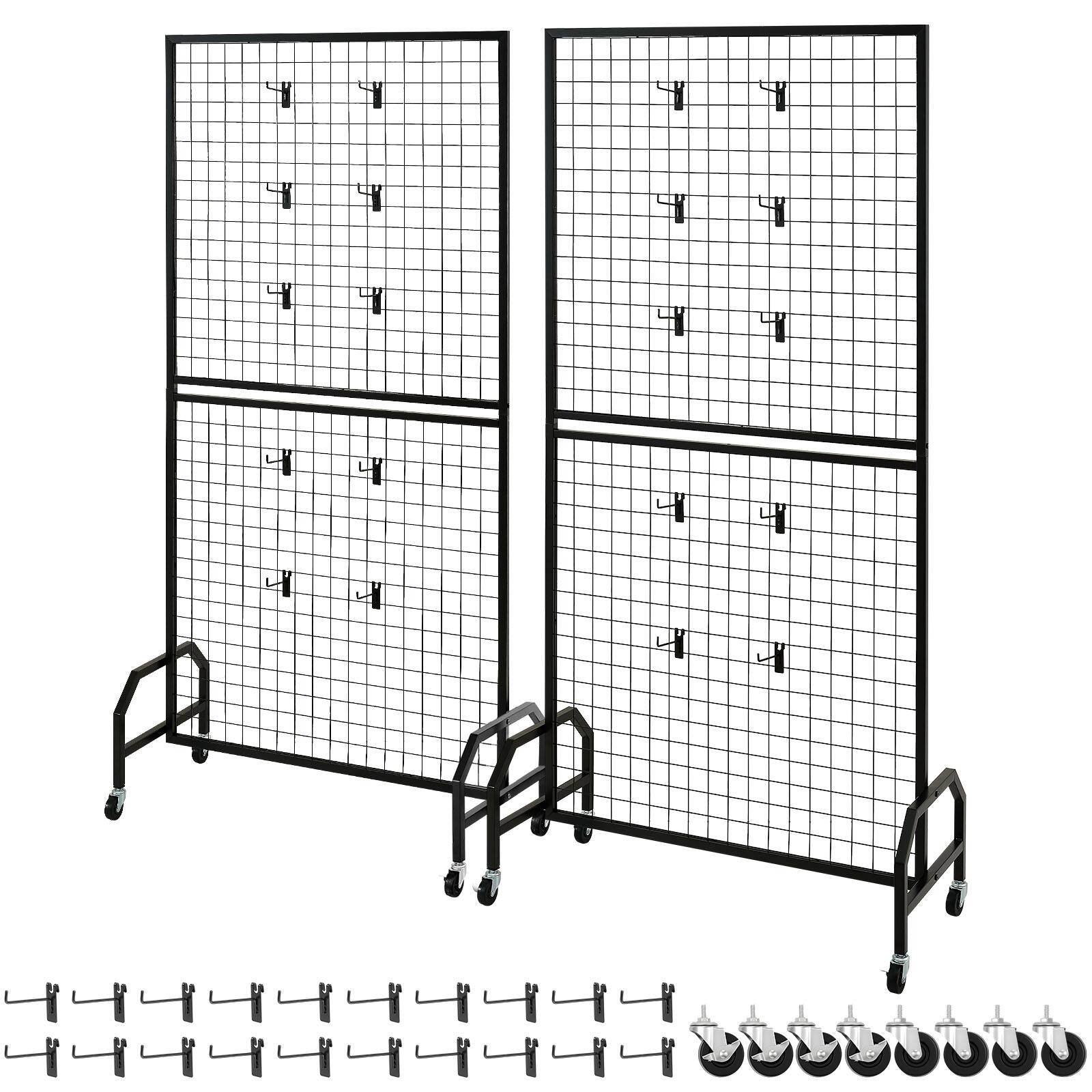 Alt View 5. VEVOR - 2 Packs Grid Wall Panels, 2.9 x 5.9 ft Wire Grid Panels Display Rack, Movable Art Display Shelf with Wheels and 10 Hooks - Black.