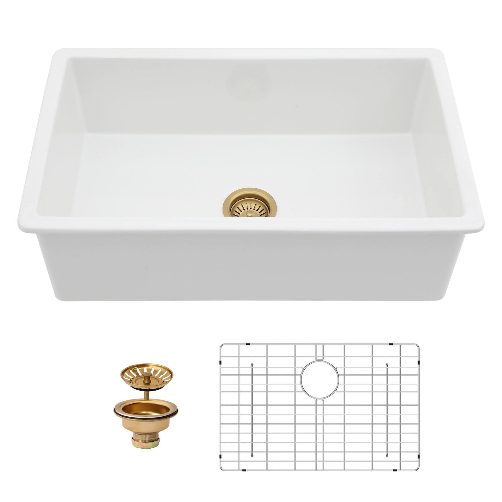 Alt View 7. Siljoy - 30"x18"x10" Undermount Single Bowl Fireclay Kitchen Sink Dual Mount White Porcelain Rectangular Deep Single Bowl Basin - White.