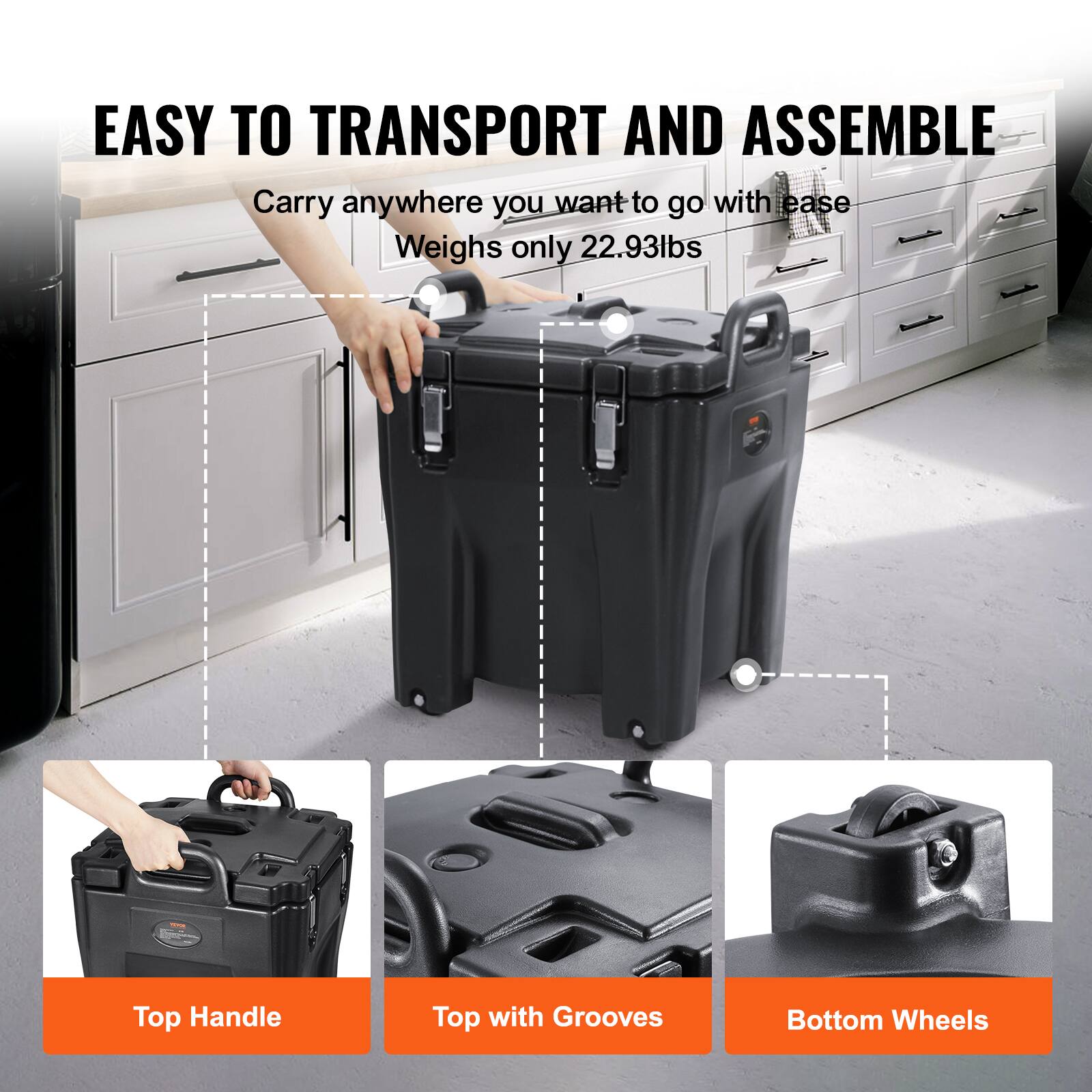 EASY TO TRANSPORT AND ASSEMBLE
Carry anywhere you want to go with ease
Weighs only 22.93lbs
Top Handle
Top with Grooves
Bottom Wheels