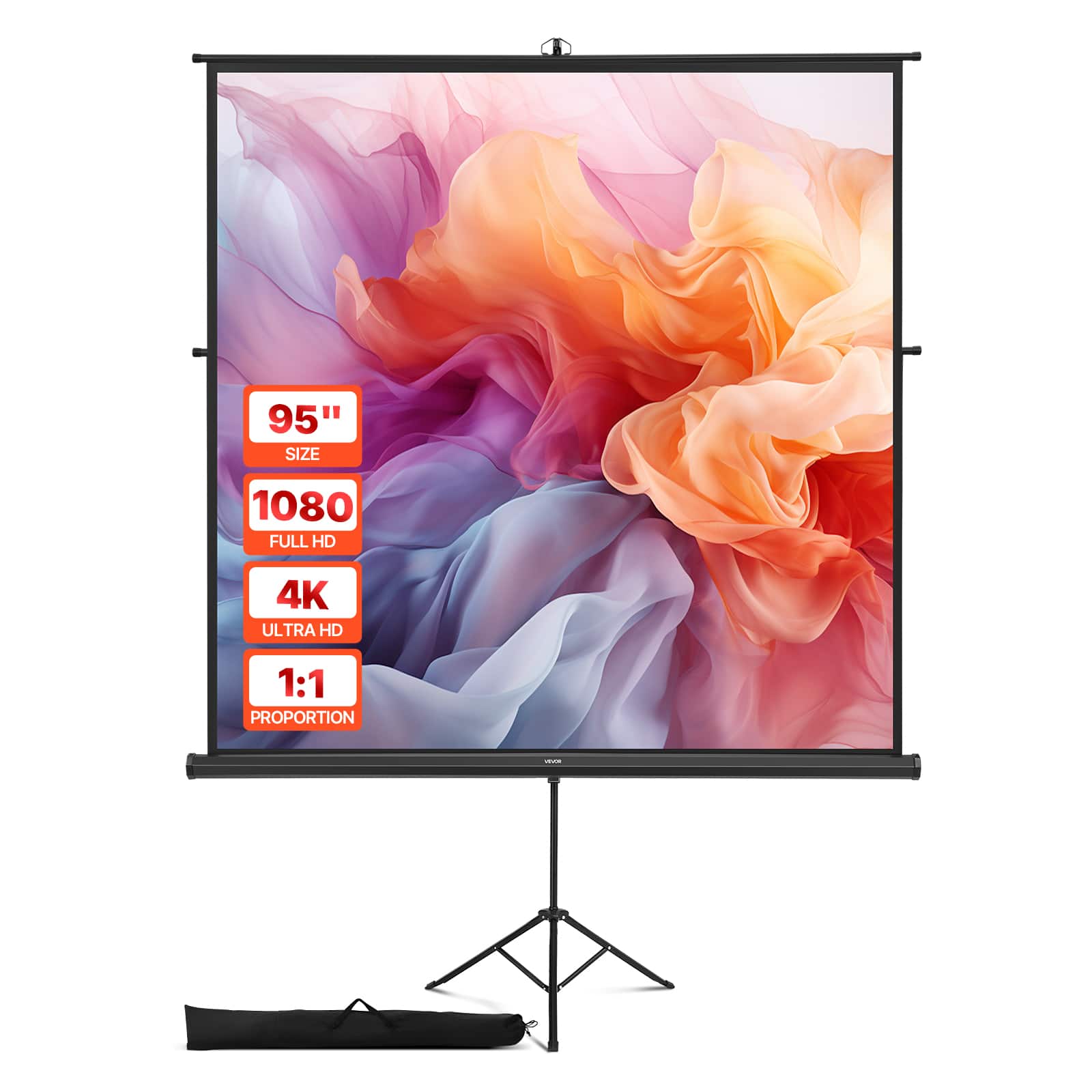VEVOR - Projector Screen with Stand, 70 x 70 Inch 160° Wide Angle Indoor Outdoor Projection Screen, 1:1 4K HD Tripod Screens - Black