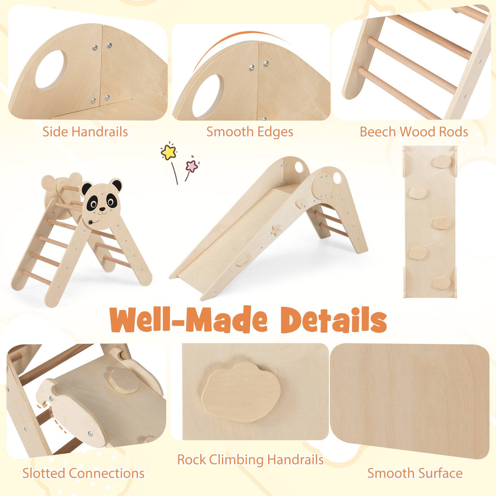Side Handrails  
Smooth Edges  
Beech Wood Rods  
Well-Made Details  
Slotted Connections  
Rock Climbing Handrails  
Smooth Surface