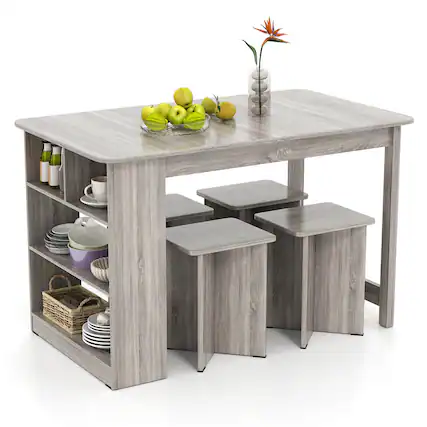 Front. Costway - Costway 5 PCS Dining Table Set with Storage Shelf Rectangular Kitchen Table with 4 Stools - Gray.