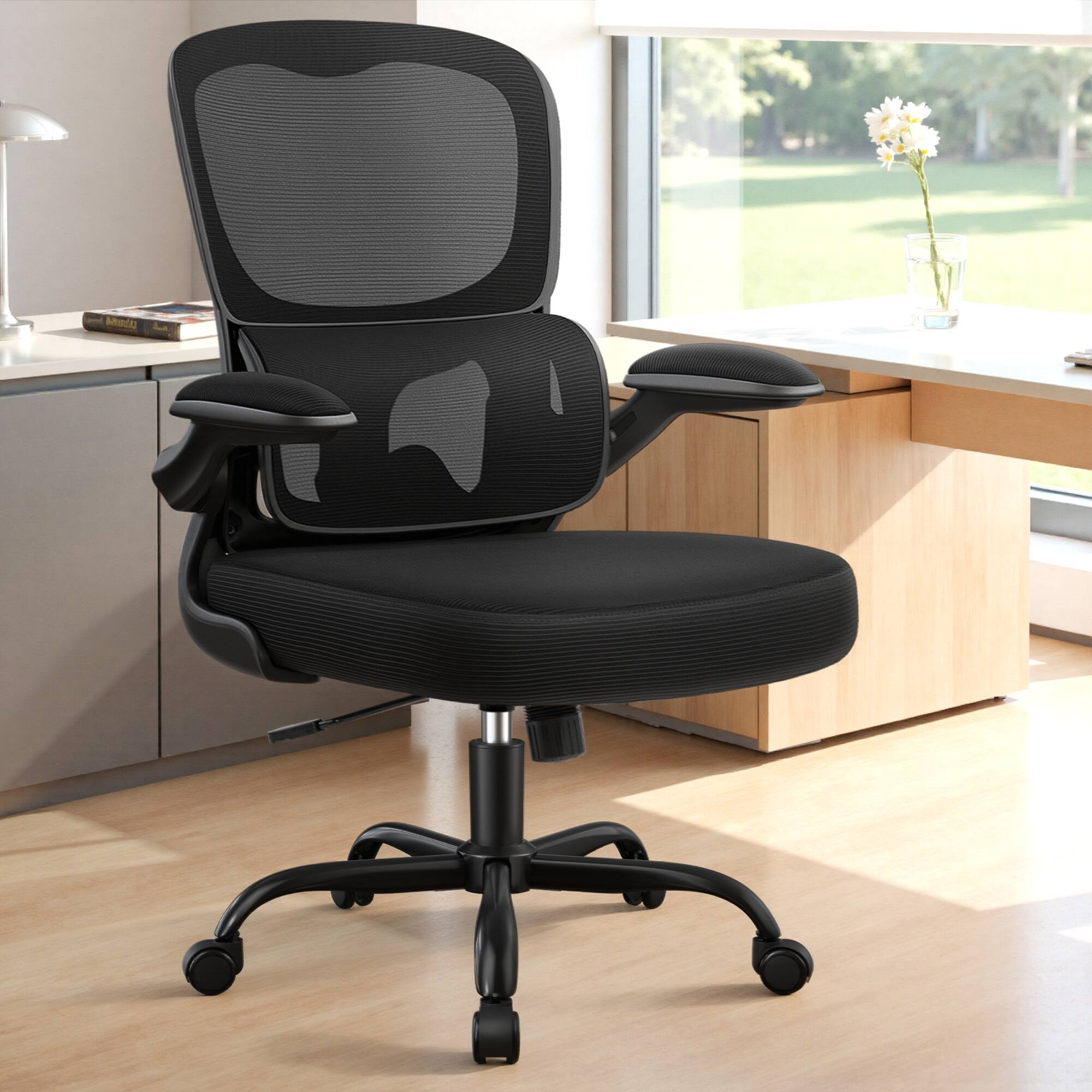 Alt View 4. KERDOM - Ergonomic Office Chair with Flip-up Armrest & Lumbar Support, Breathable Mesh Thick Cushion Computer Chair for Home Work - Black.