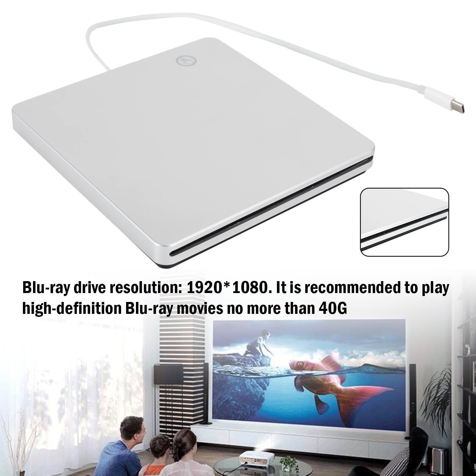 Blu-ray drive resolution: 1920*1080. It is recommended to play high-definition Blu-ray movies no more than 40G