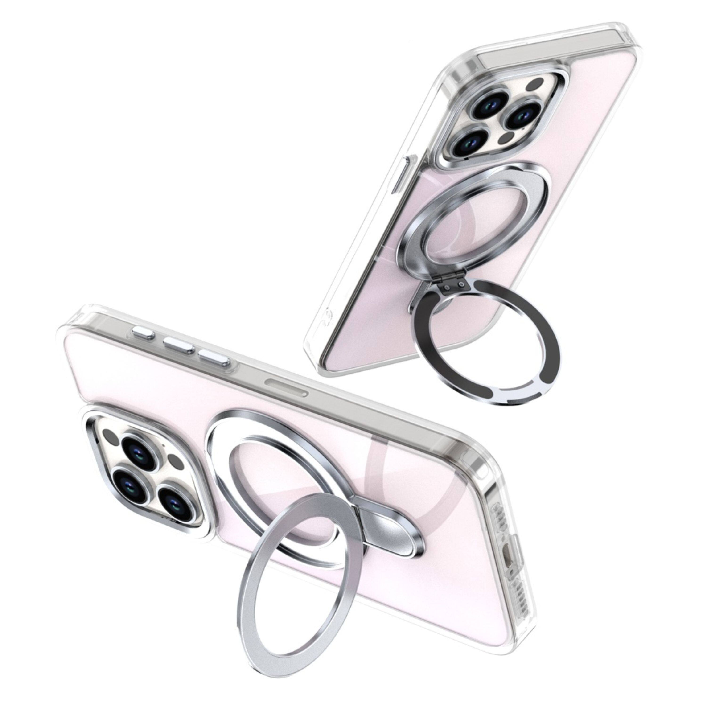 Angle. Kitcheniva - Radiant Chrome Magnet Circle Stand Phone Case With 2 Pcs Tempered Glass For iPhone 15 Pro Max Clear - Clear.