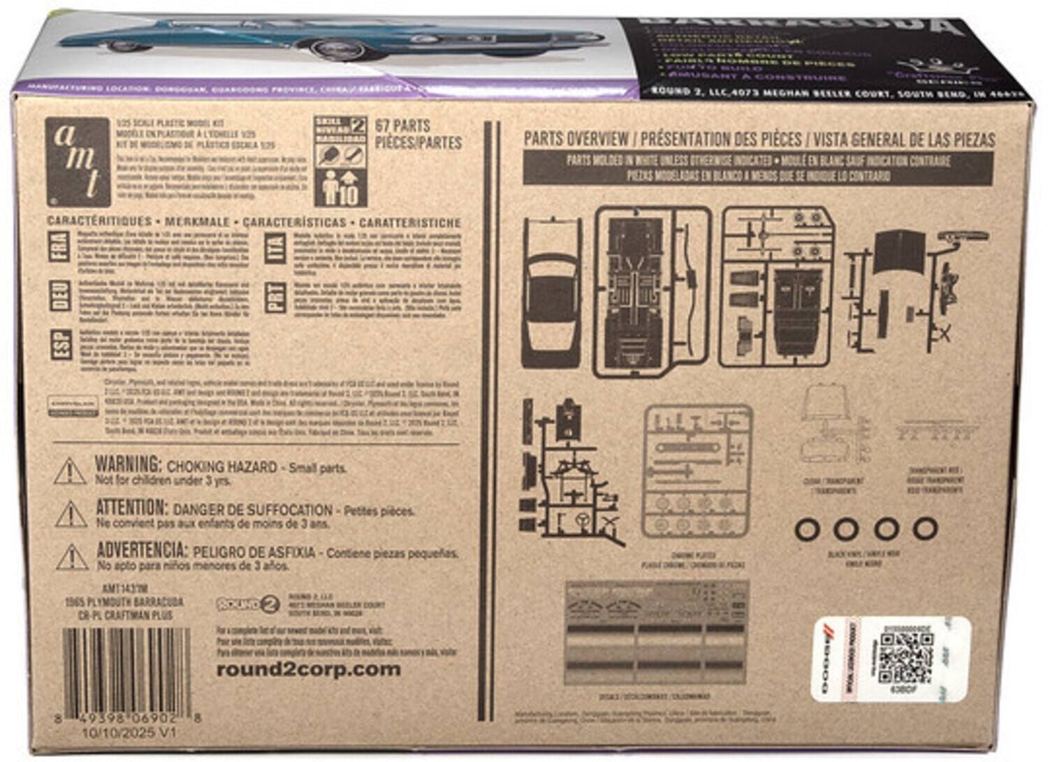 FAALUUA 925 SOKI PLESTE 2 67 PARTS a MODLE PLACTIOUR A 12 D PIECES/PARTES 'm I T10 10 CARACTRITIQUES MERKMALE CARACTERISTICAS CARATTERISTICHE FRA ITA DEU PRT ESP ROUND 2. LLC.4073 MEGHAN BEELER CORRT, SOUTH SEND, IM PARTS OVERVIEW I PRSENTATION DES PICES VISTA SENERAL DE LAS PIEZAS PARTS MOLDED UNLESS EN SADF EN SE LO WARNING: CHOKING HAZARD Small parts Not for children under 3 yrs ATTENTION: DANGER DE SUFFOCATION Pettes pices. ! Ne convient pas aux enfants de moins de 3 ans ADVERTENCIA: PELIGRO DE ASFIXIA Contiene piezas pequeñas ! No apto para niños menores de 3 años. AMI1437 1965 PLYMOUTH CRAFTMAN PLUS ROUND 2 round2corp.com 8 49398 06902 10/10