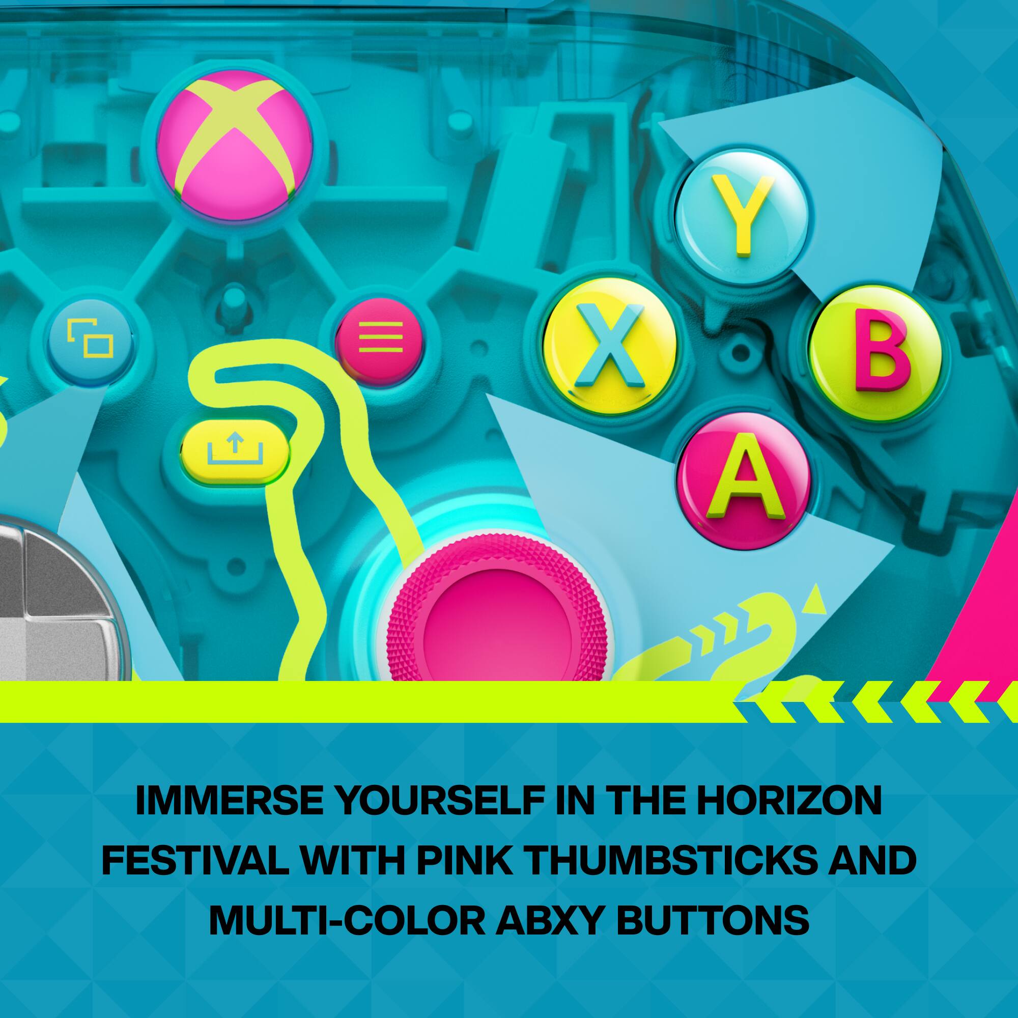 IMMERSE YOURSELF IN THE HORIZON FESTIVAL WITH PINK THUMBSTICKS AND MULTI-COLOR ABXY BUTTONS