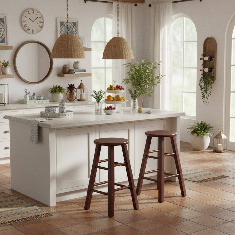 Alt View 1. FurniFact - Walnut Solid Wood Kitchen Stools Set of 2, Bar Chairs for Counter Seating - Walnut.