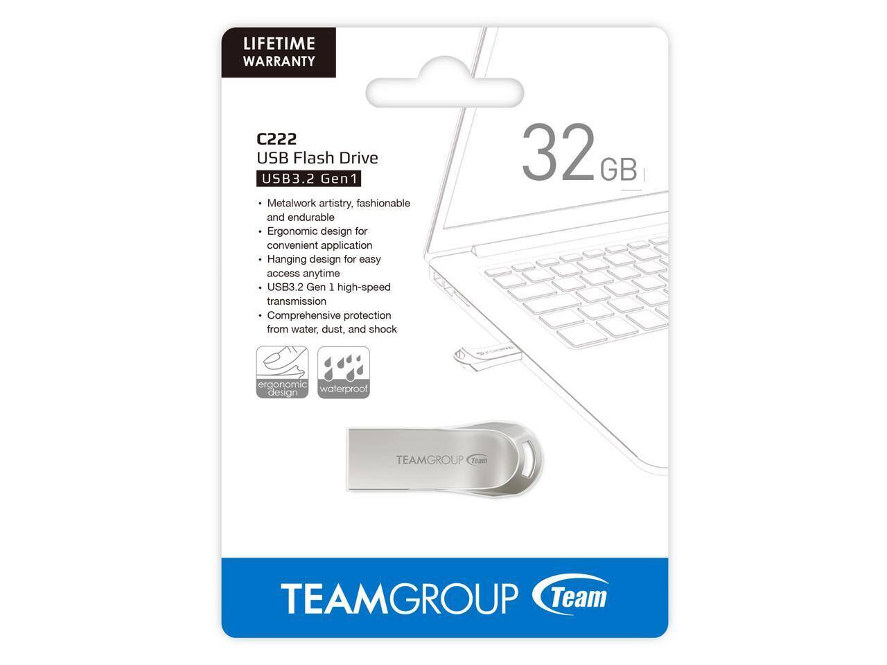LIFETIME WARRANTY

C222 USB Flash Drive  
USB3.2 Gen1

- Metalwork artistry, fashionable and endurable
- Ergonomic design for convenient application
- Hanging design for easy access anytime
- USB3.2 Gen 1 high-speed transmission
- Comprehensive protection from water, dust, and shock

32 GB

TEAMGROUP  
Team
