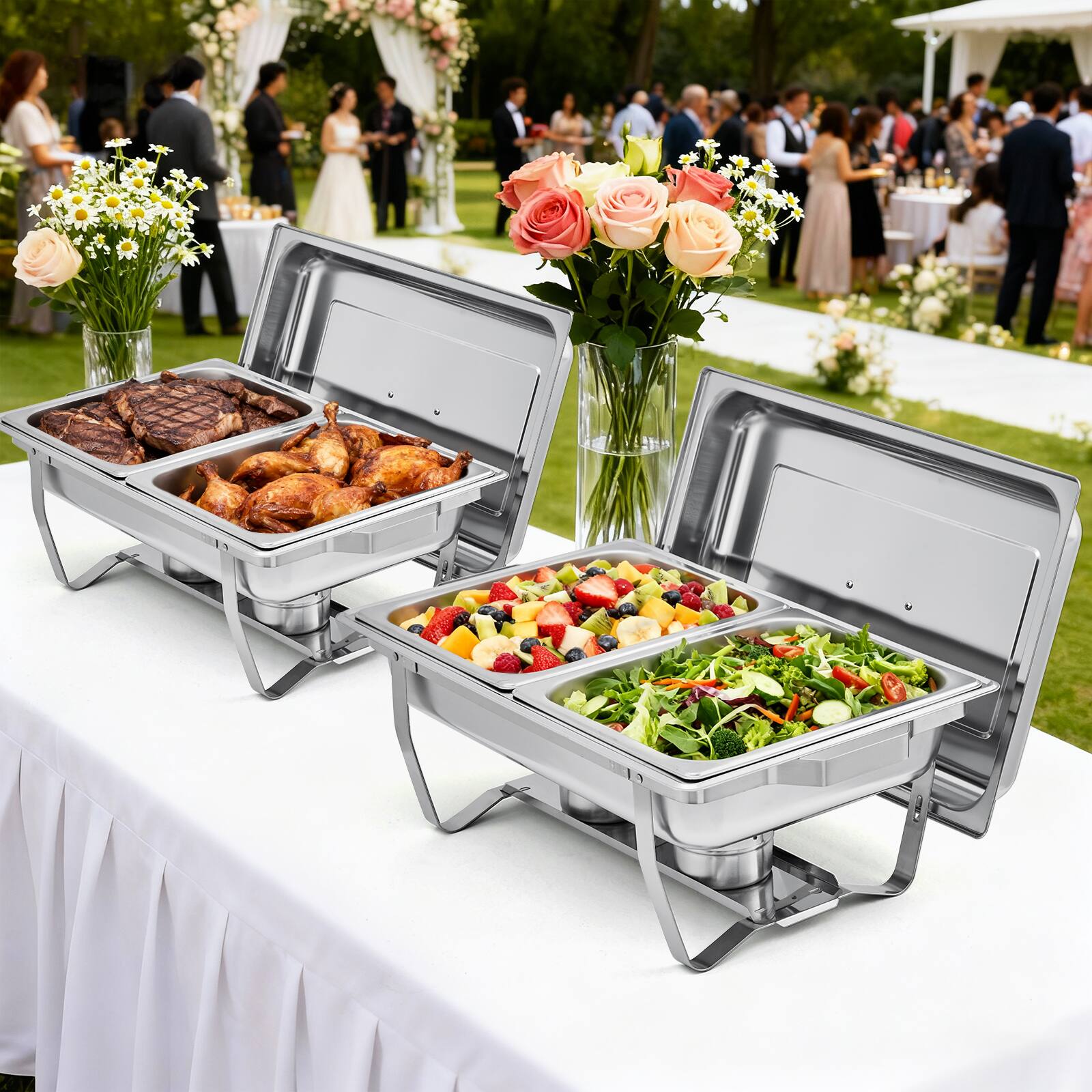Left. GARVEE - 6 Pack Chafing Dishes for Buffet, 8 Qt Buffet Servers and Warmers Sets, Rectangular Stainless Steel Chafing Dishes - Silver.
