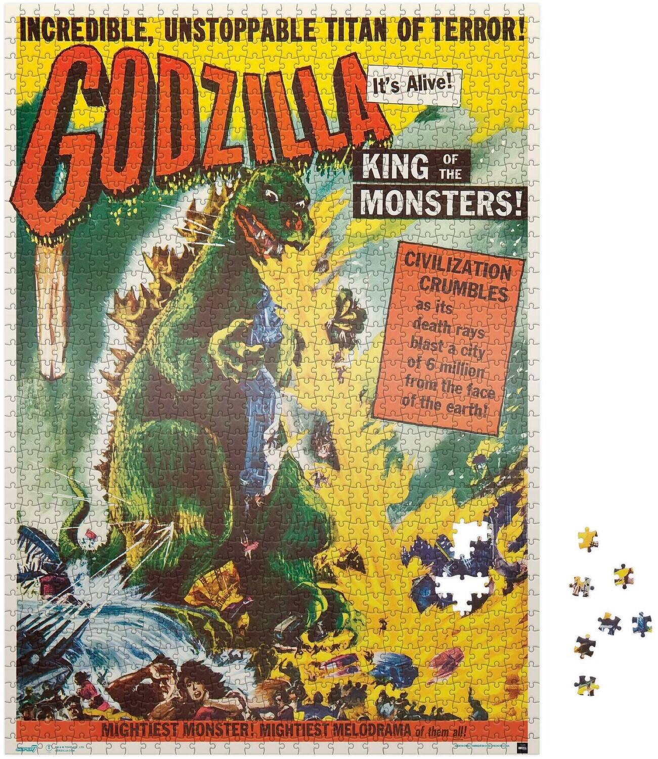 INCREDIBLE, UNSTOPPABLE TITAN OF TERROR! It's Alive! GODZILLA KING OF THE MONSTERS! CIVILIZATION CRUMBLES as its death rays blast a city of 6 million from the face of the earth! MIGHTIEST MONSTER! MIGHTIEST MELODRAMA of them all!