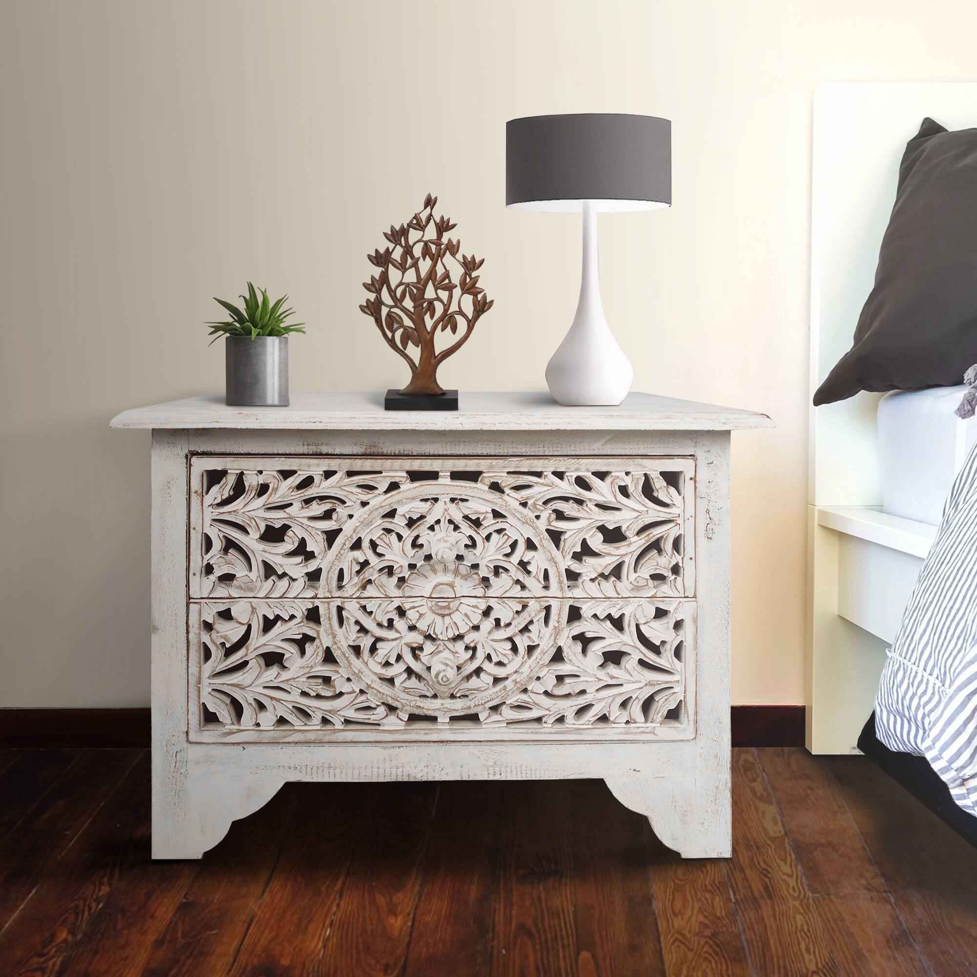 Alt View 7. Manhattan Lane - 24 Inch Handcrafted Mango Wood Nightstand Side Table, 2 Drawers, Floral Carved Cut Out Design - White.