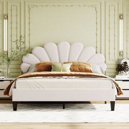 LUCKY ONE - Queen Size Upholstered Platform Bed with Flower Pattern Velvet Headboard, Wood Slats, No Box Spring Needed - Beige