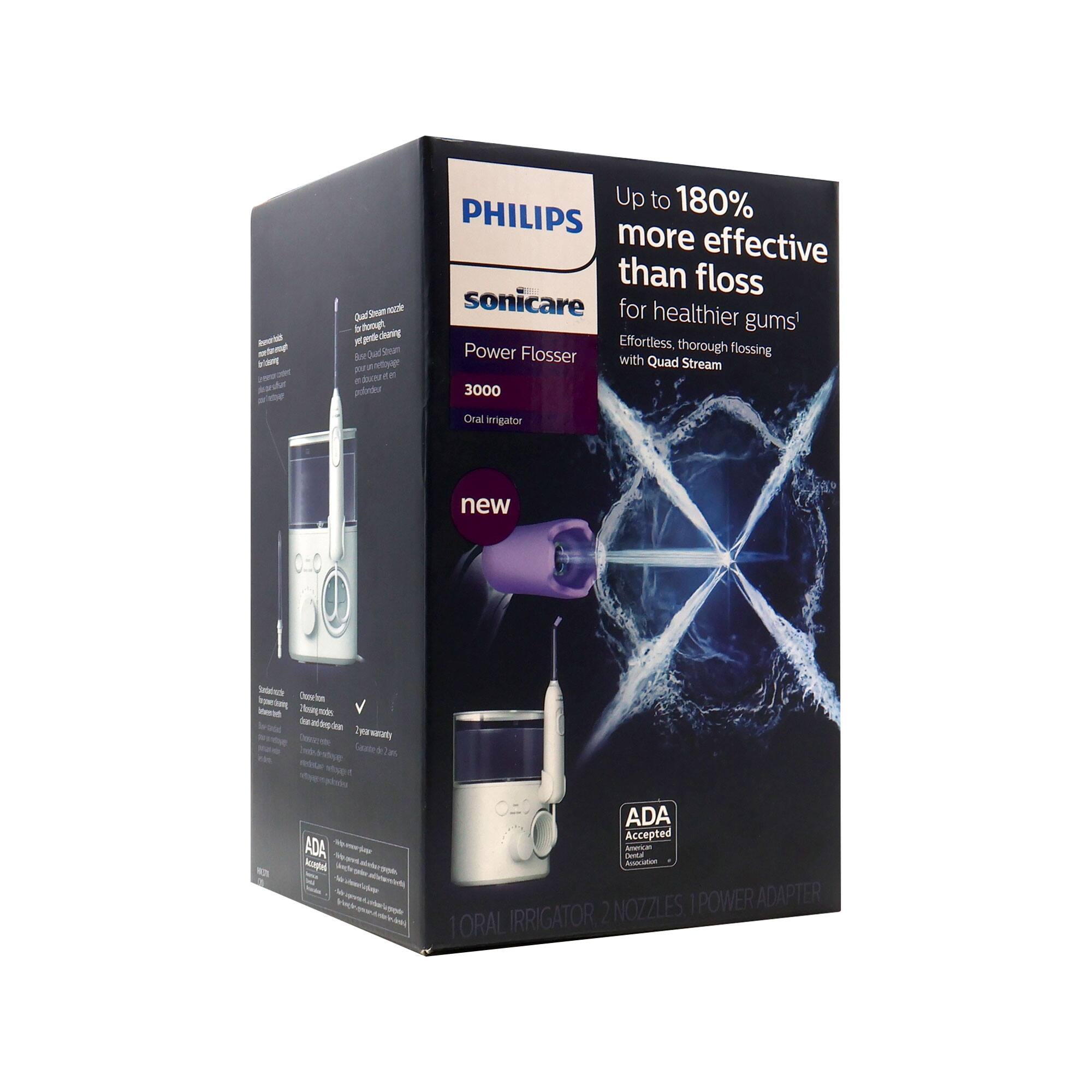 - Up to 180% more effective than floss for healthier gums
- Effortless, thorough flossing with Quad Stream
- PHILIPS sonicare Power Flosser 3000 Oral Irrigator
- QuadStream nozzle for more effective cleaning
- 2 power modes: Gentle and Intense
- 2 nozzles included
- ADA Accepted
- 1 Oral Irrigator, 2 Nozzles, 1 Power Adapter