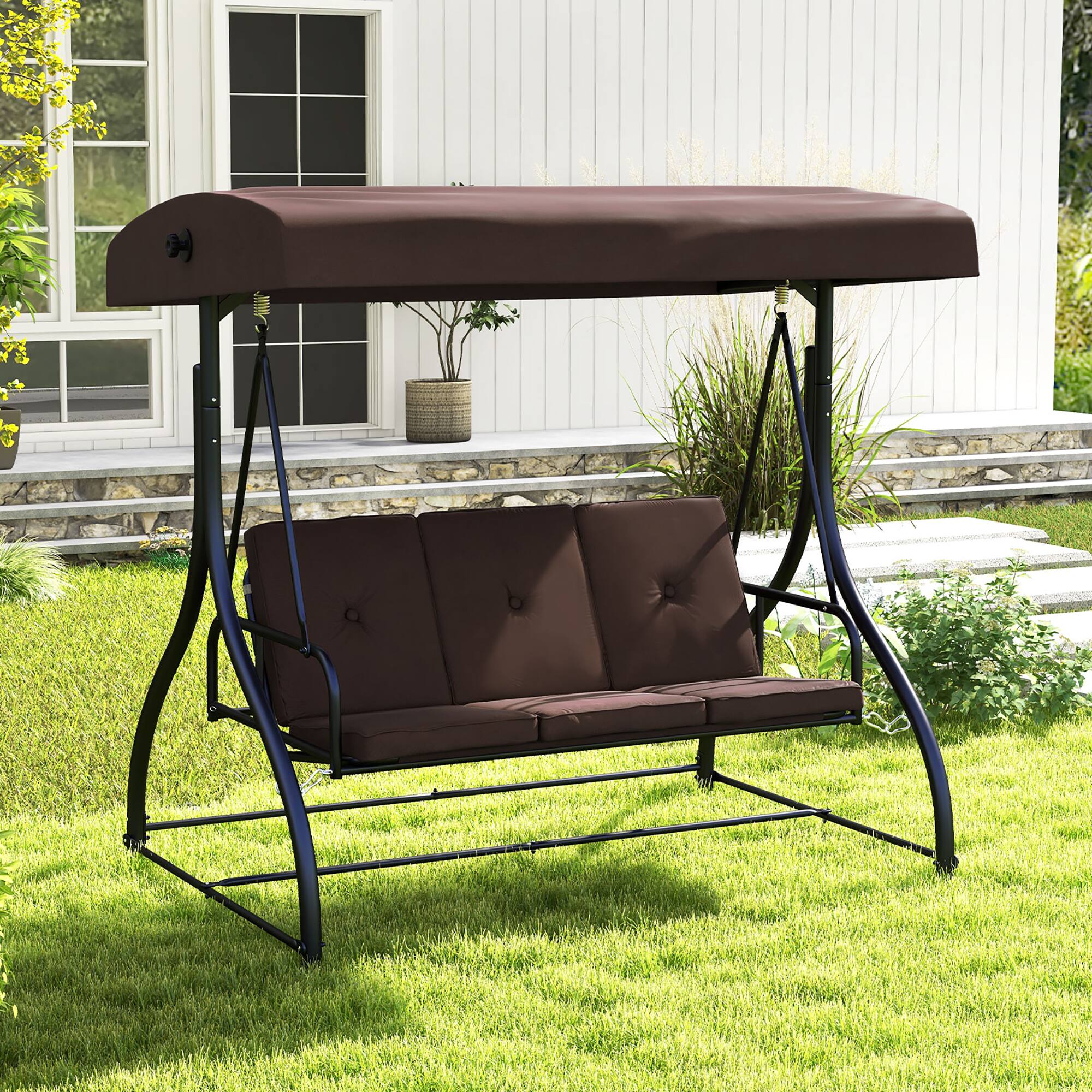 Front. Gymax - Gymax Converting Patio Swing Chair Porch Swing Bed w/Adjustable Canopy & Thickened Cushion Coffee - Coffee.