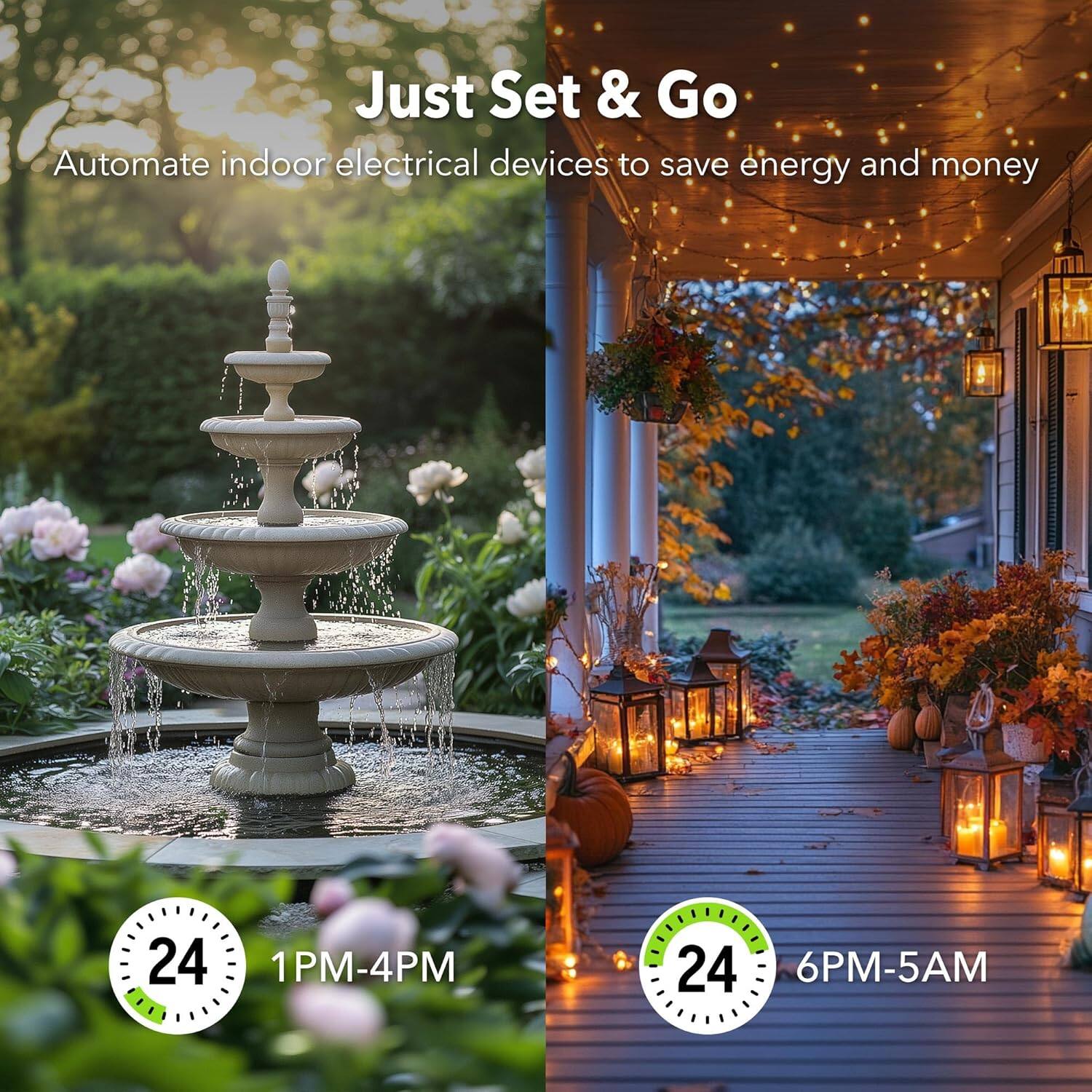 Just Set & Go  
Automate indoor electrical devices to save energy and money  

24  
1PM-4PM  

24  
6PM-5AM