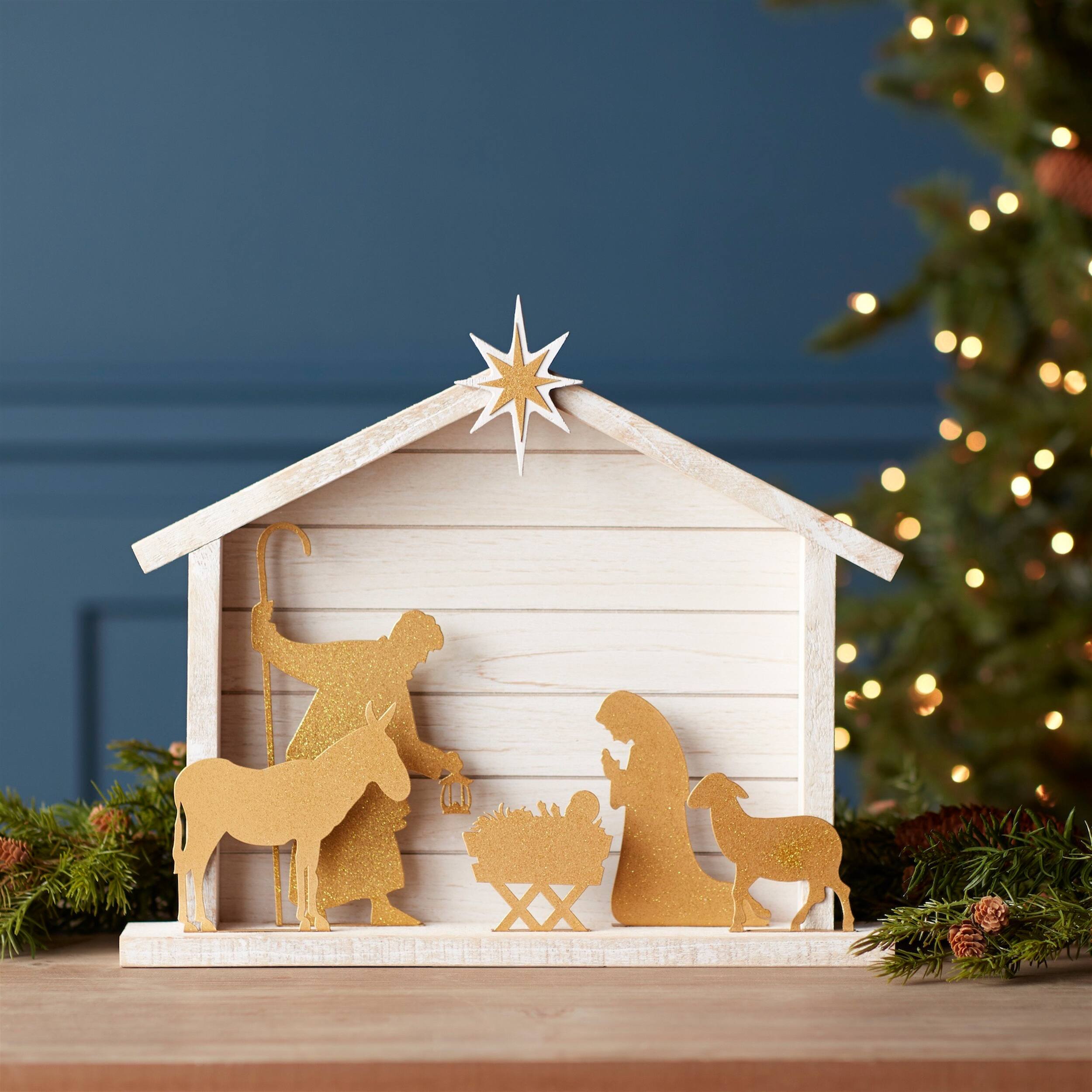 Angle. BreeBe - Cut Out Metal Nativity Scene 17.75"L - White, Black, Gold.