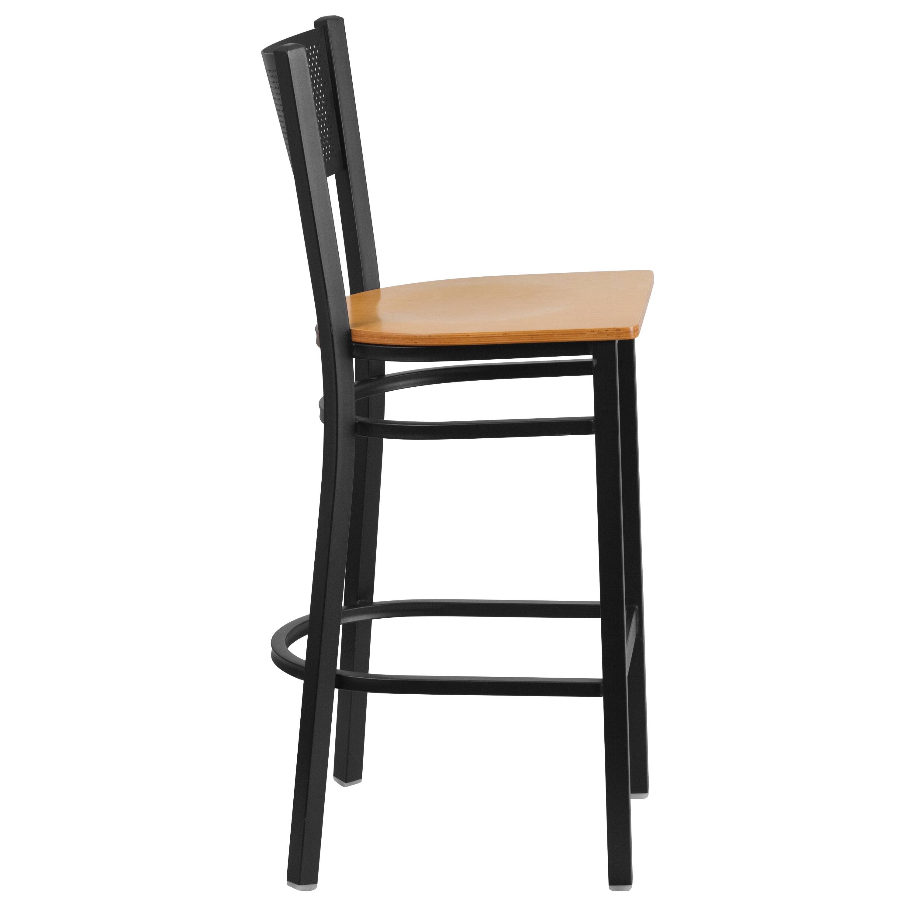 Alt View 4. Emma + Oliver - Grid Back Metal Restaurant Dining Barstool - Natural Wood Seat/Black Metal Frame.