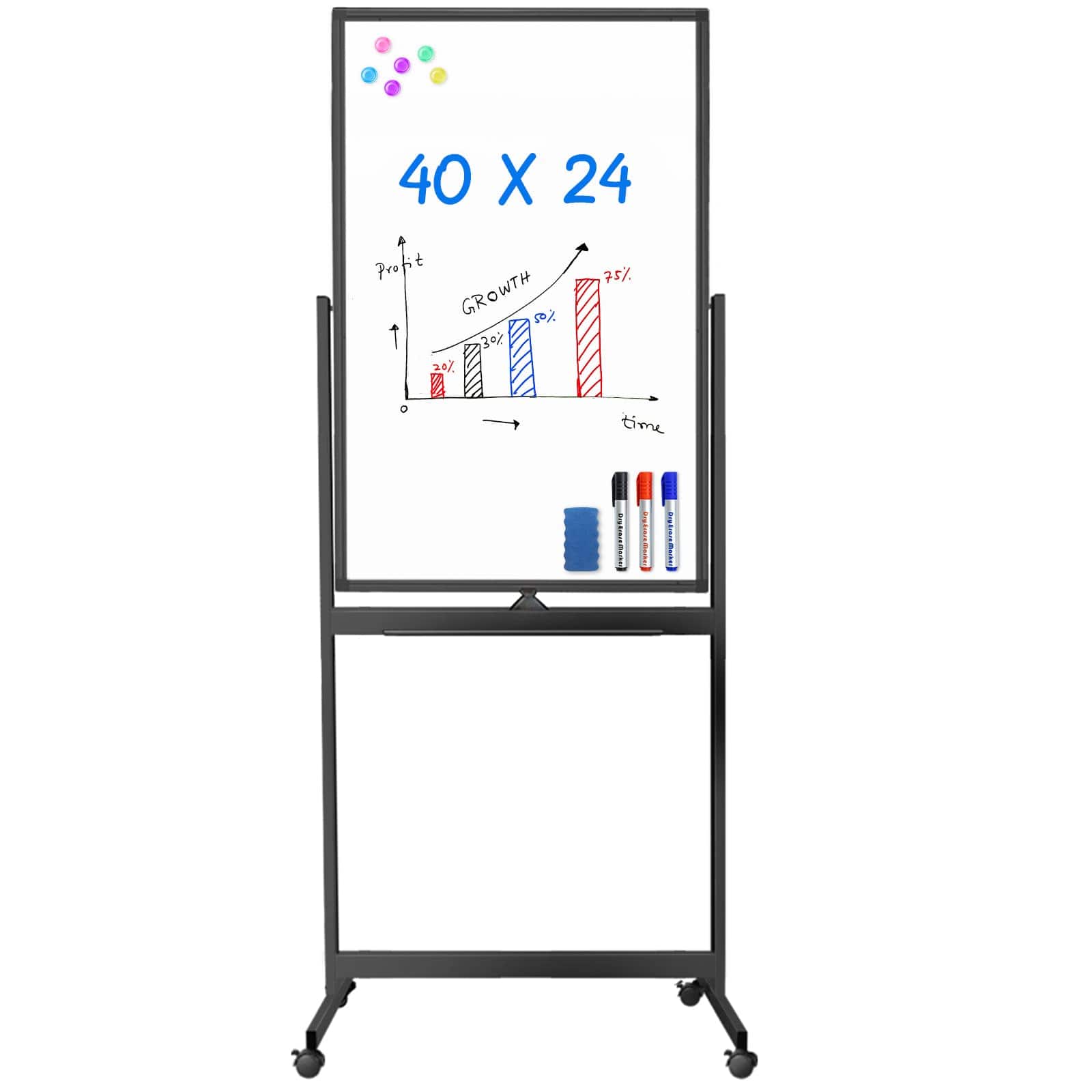 maxtek - Bulletin Boards 40 x 24 inches Double Sided Dry Erase Board Rolling Whiteboards & Presentation Supplies Whiteboard - Black