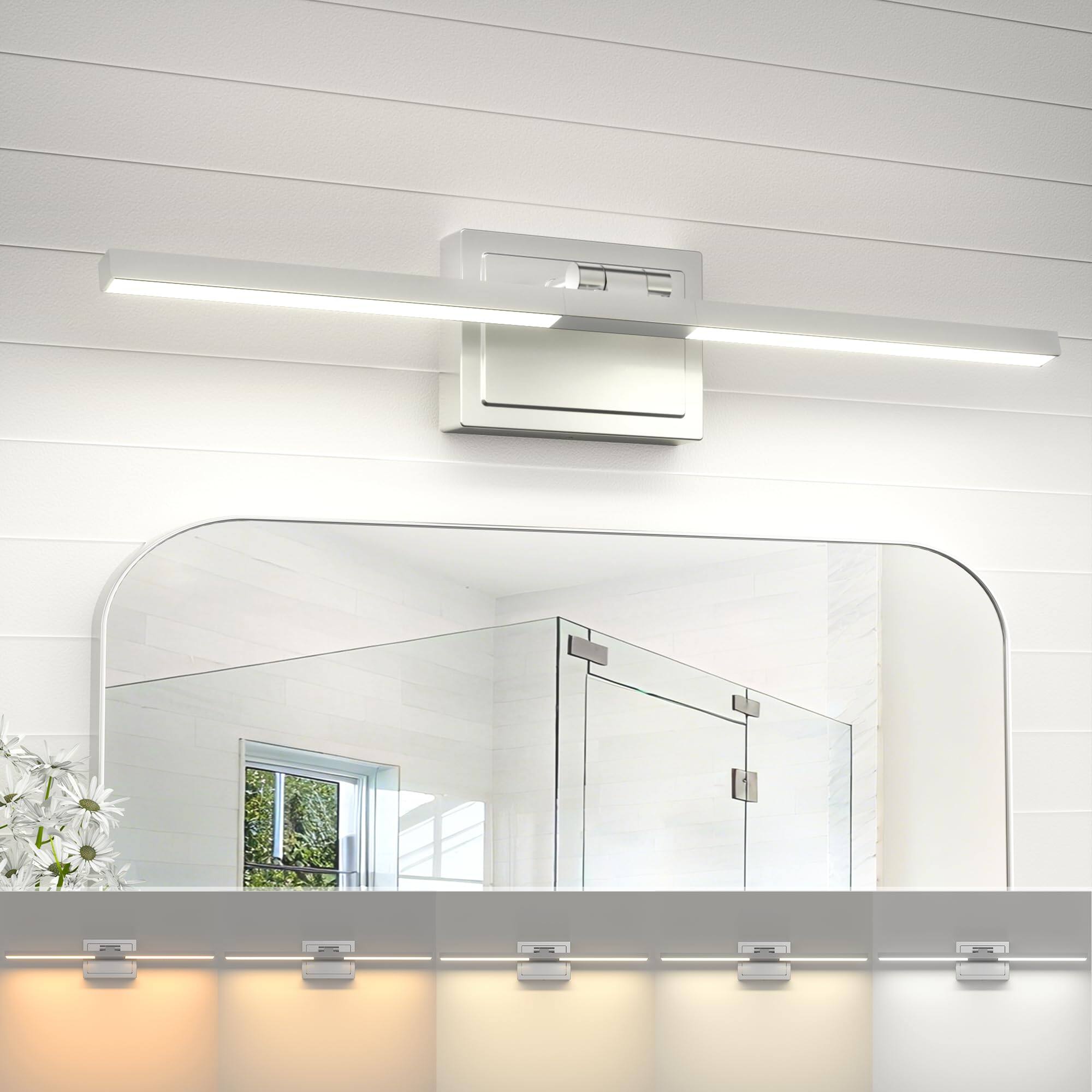 Front. TECH SAFARI - Inch Modern Bathroom Light Fixture w cct Dimmable Led Chrome Vanity Lights Over Mirror For Bathrooms Restro - Chrome 24 Inch.