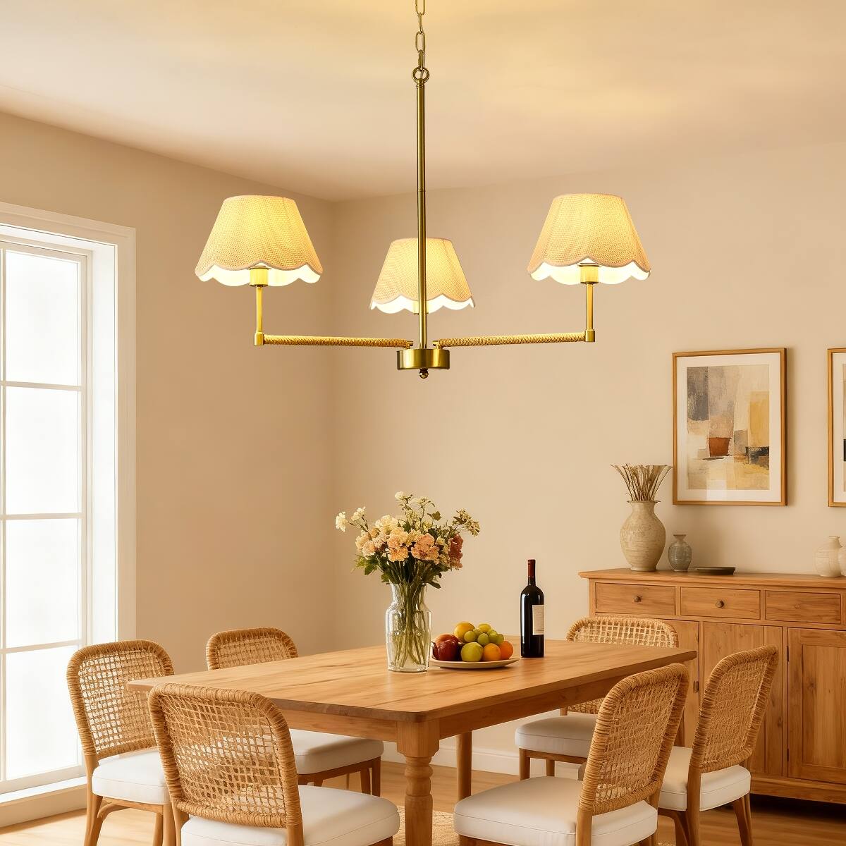 Alt View 6. Loheer - Loheer Three Light Gold Chandelier with Fabric Shades and Rope Accents for Dining Room or Living Room.