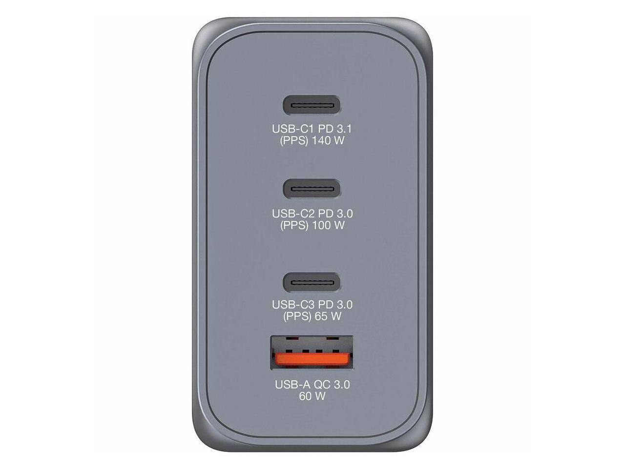 USB-C1 PD 3.1 (PPS) 140 W  
USB-C2 PD 3.0 (PPS) 100 W  
USB-C3 PD 3.0 (PPS) 65 W  
USB-A QC 3.0 60 W