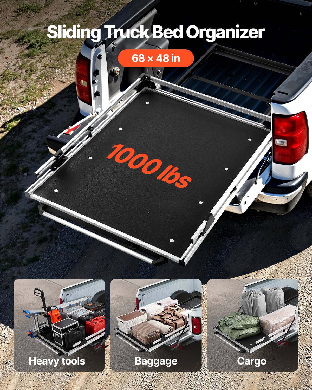 Sliding Truck Bed Organizer  
68 x 48 in  
1000 lbs  
Heavy tools  
Baggage  
Cargo