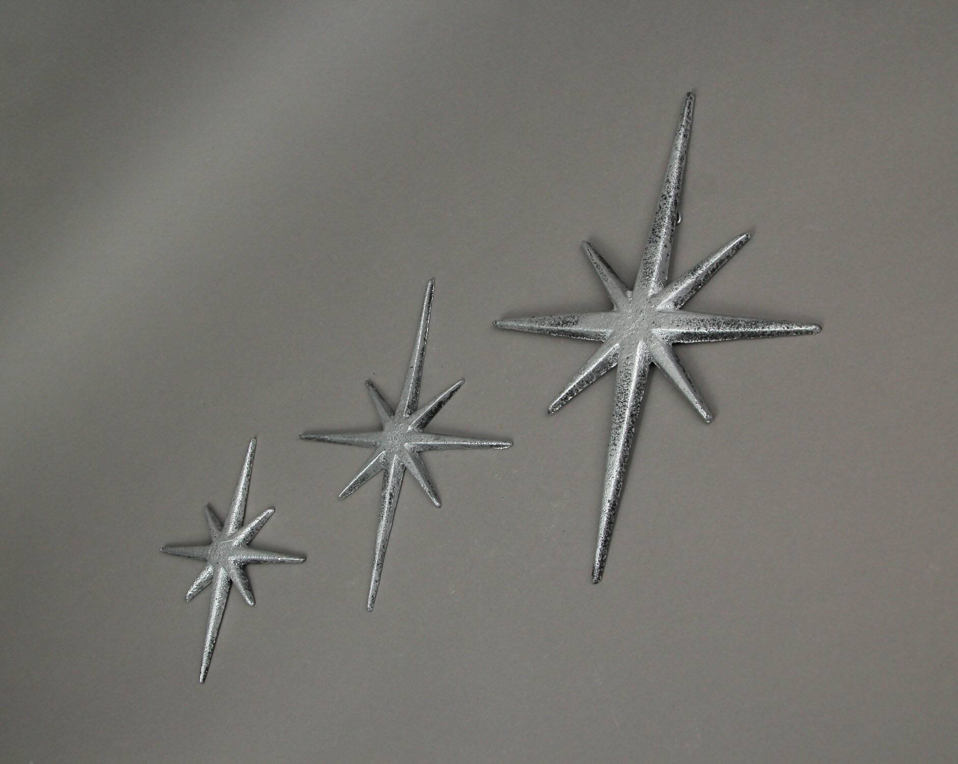 Alt View 1. Zeckos - Set of 3 Metallic Silver Cast Iron Starburst Wall Hangings 8 Pointed Stars - Silver.